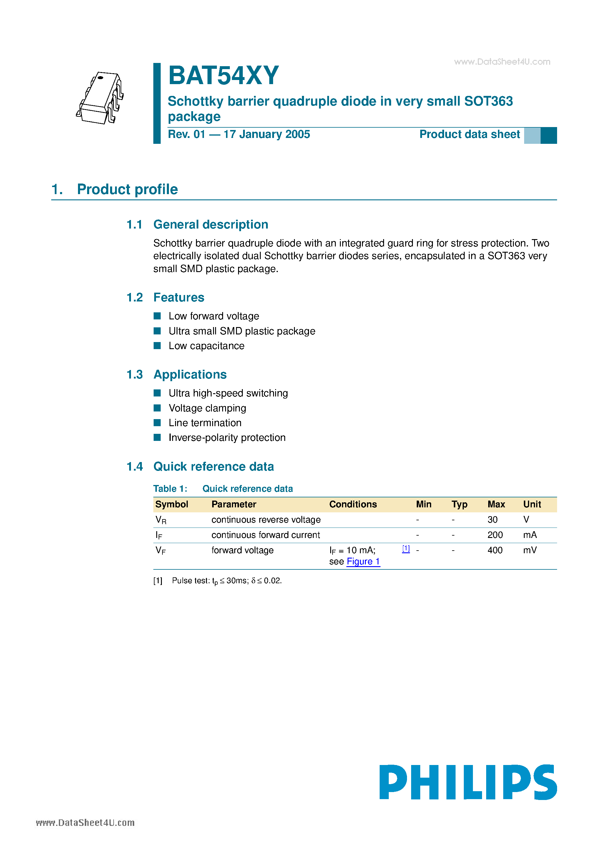 Datasheet BAT54XY - Schottky barrier quadruple diode in very small SOT363 package page 1