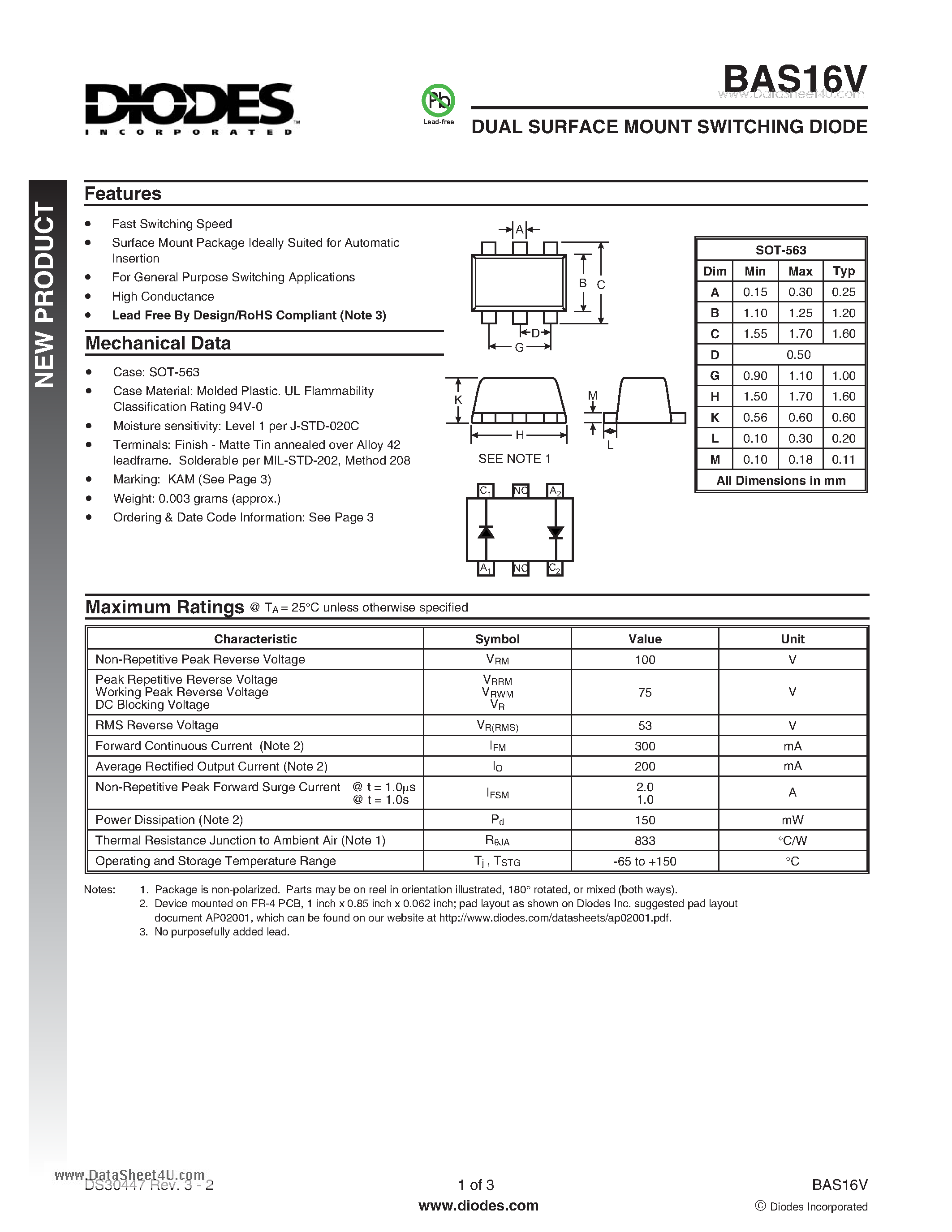 Datasheet BAS16V - DUAL SURFACE MOUNT SWITCHING DIODE page 1