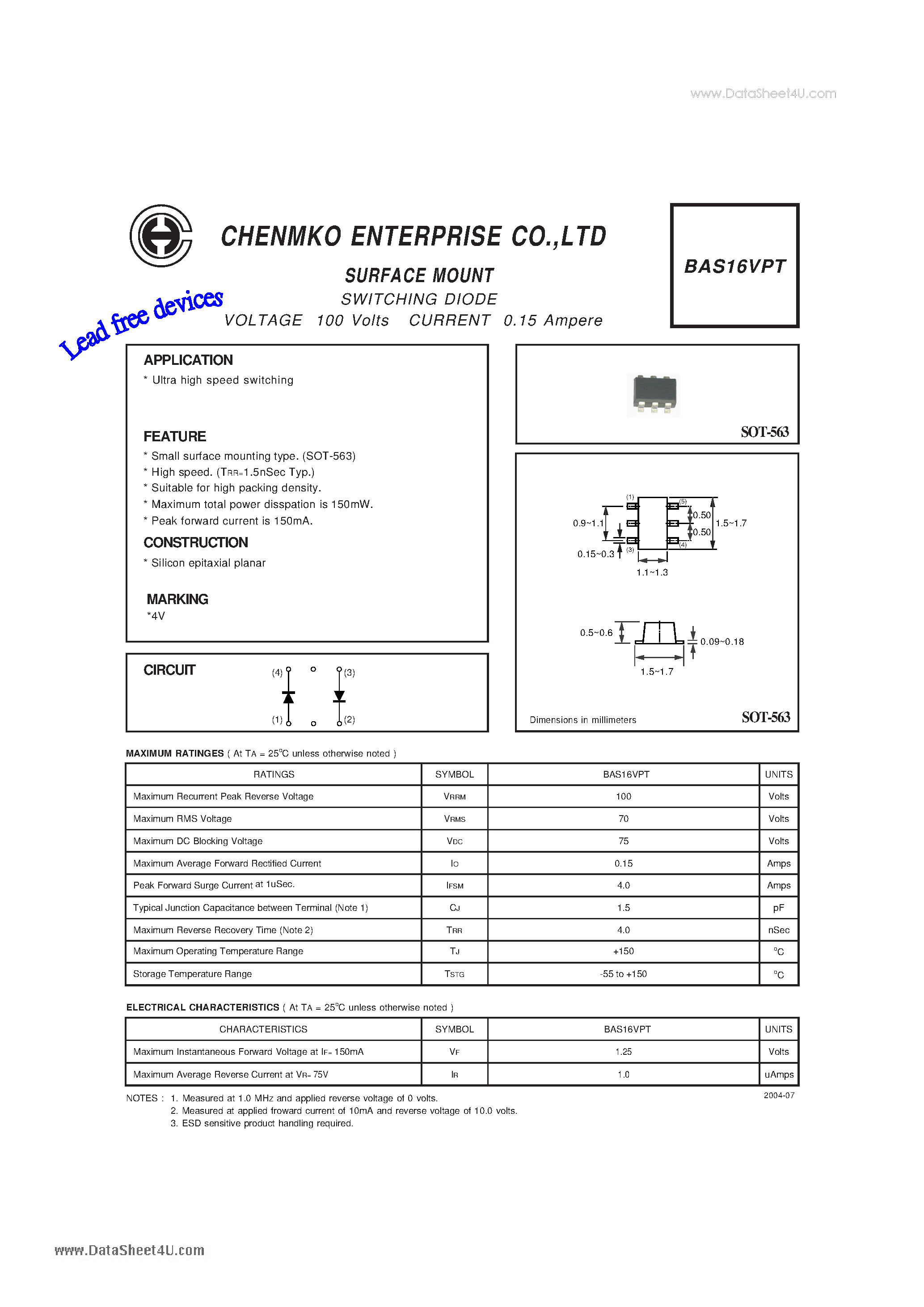 Datasheet BAS16VPT - SWITCHING DIODE VOLTAGE 100 Volts CURRENT 0.15 Ampere page 1