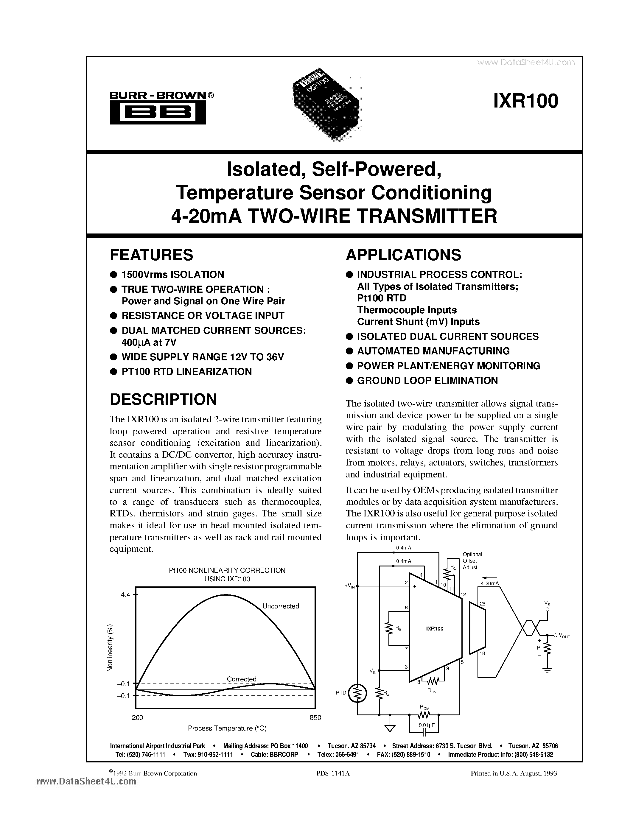 Даташит на микросхему IXR100 страница 1 Даташит IXR100 - Isolated / Self-Powered / Temperature Sensor Conditioning 4-20mA TWO-WIRE TRANSMITTER страница 1