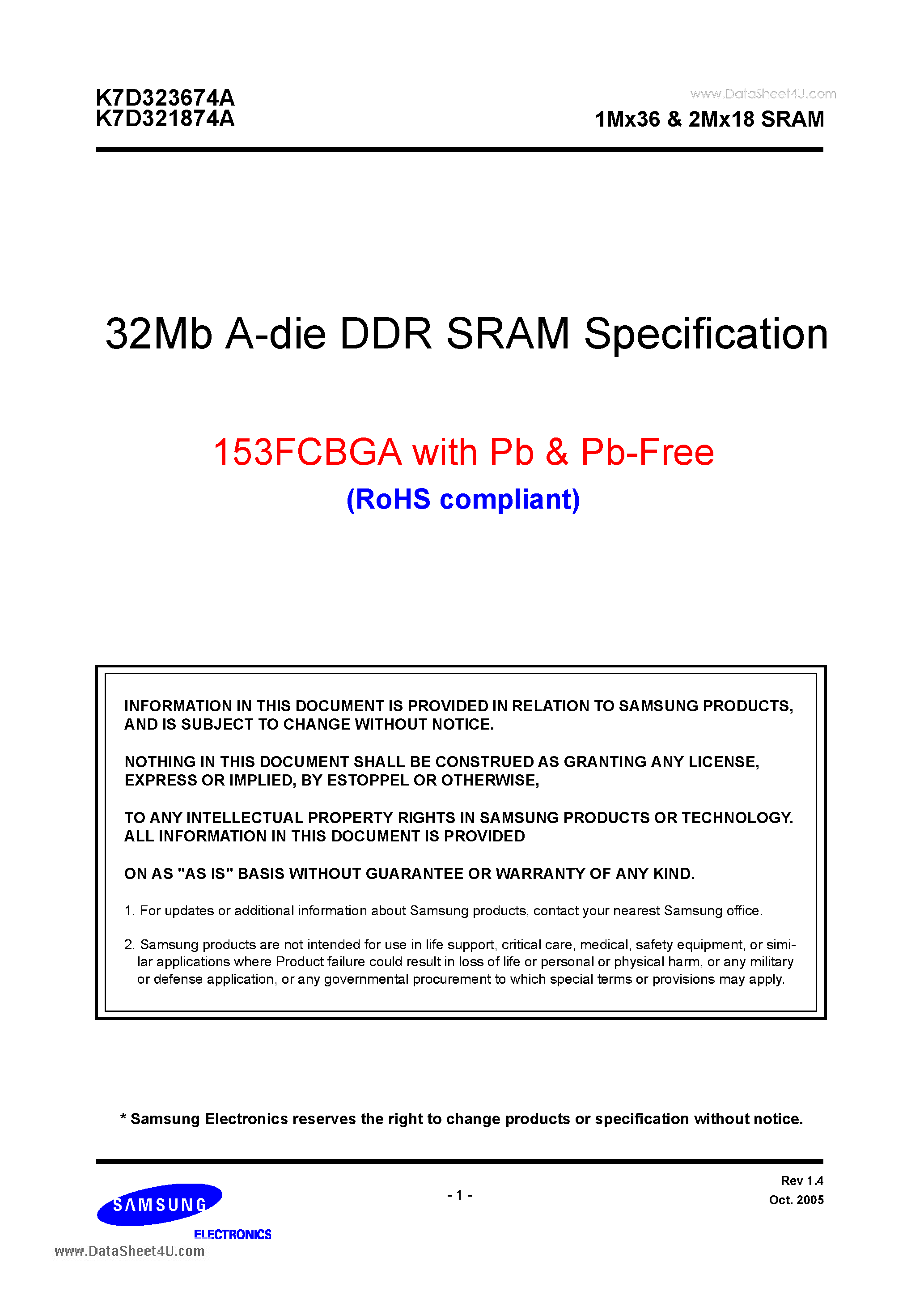 Datasheet K7D321874A - 32Mb A-die DDR SRAM Specification page 1