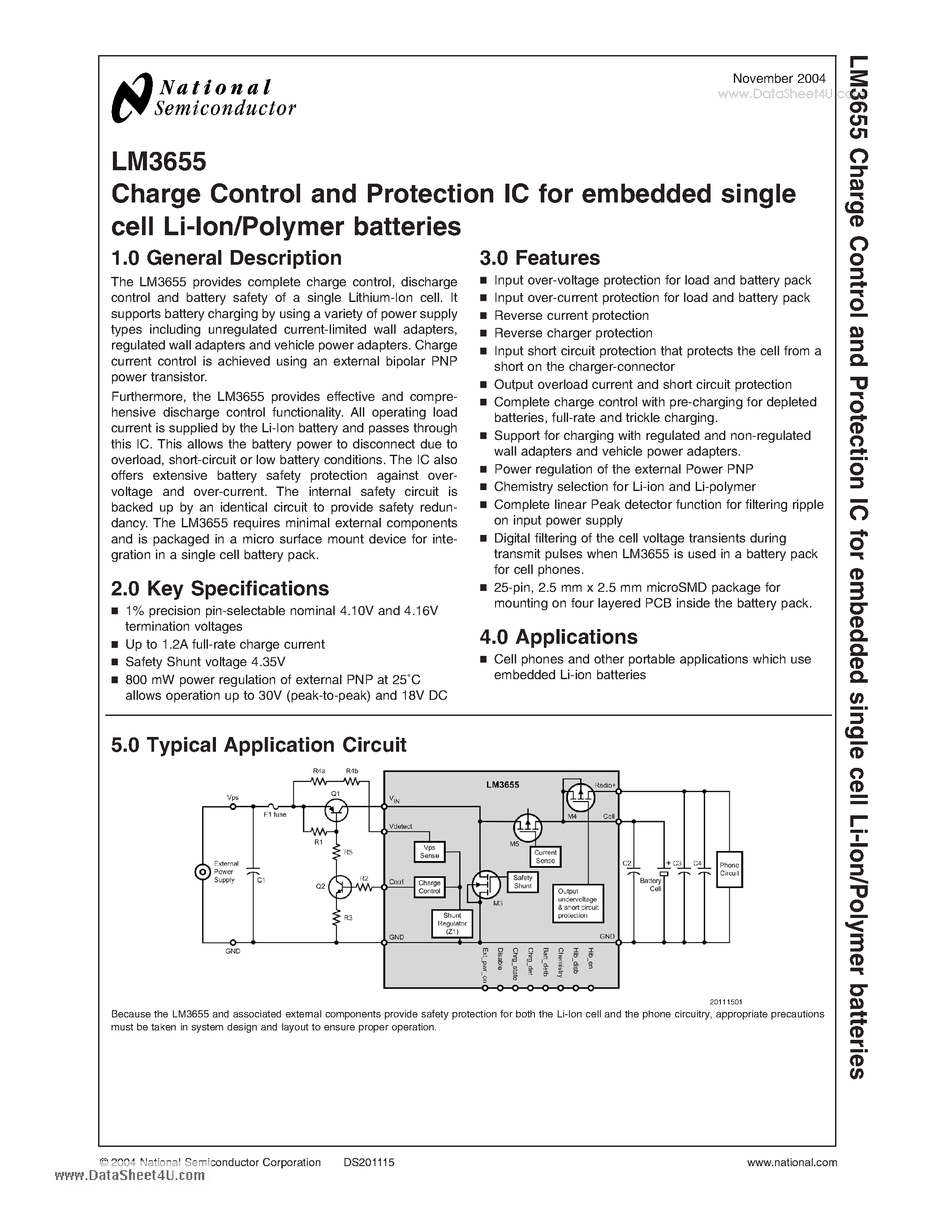 Datasheet LM3655 - Charge Control and Protection IC for embedded single page 1