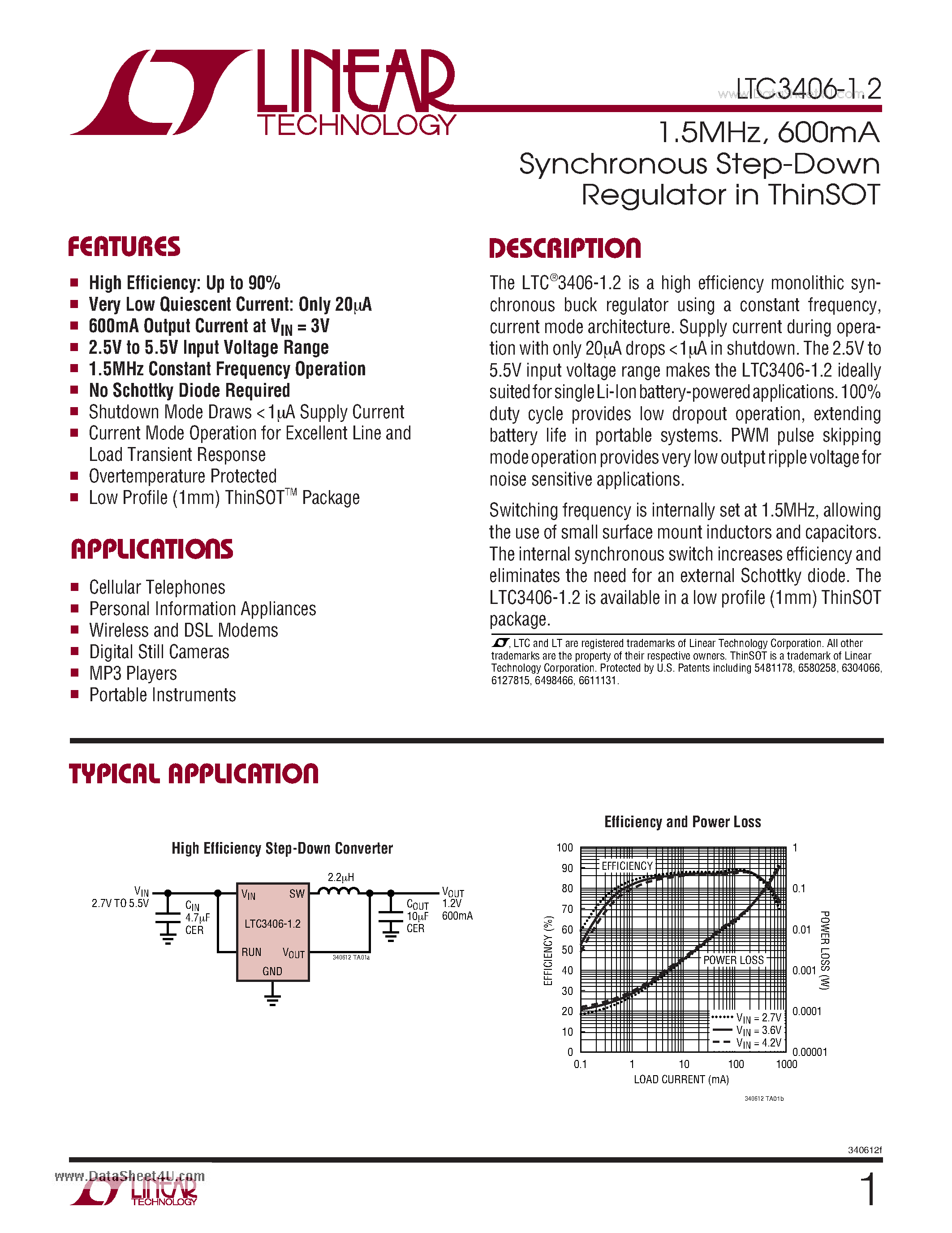 Datasheet LTC3406-1.2 - 1.5MHz / 600mA Synchronous Step-Down Regulator in ThinSOT page 1