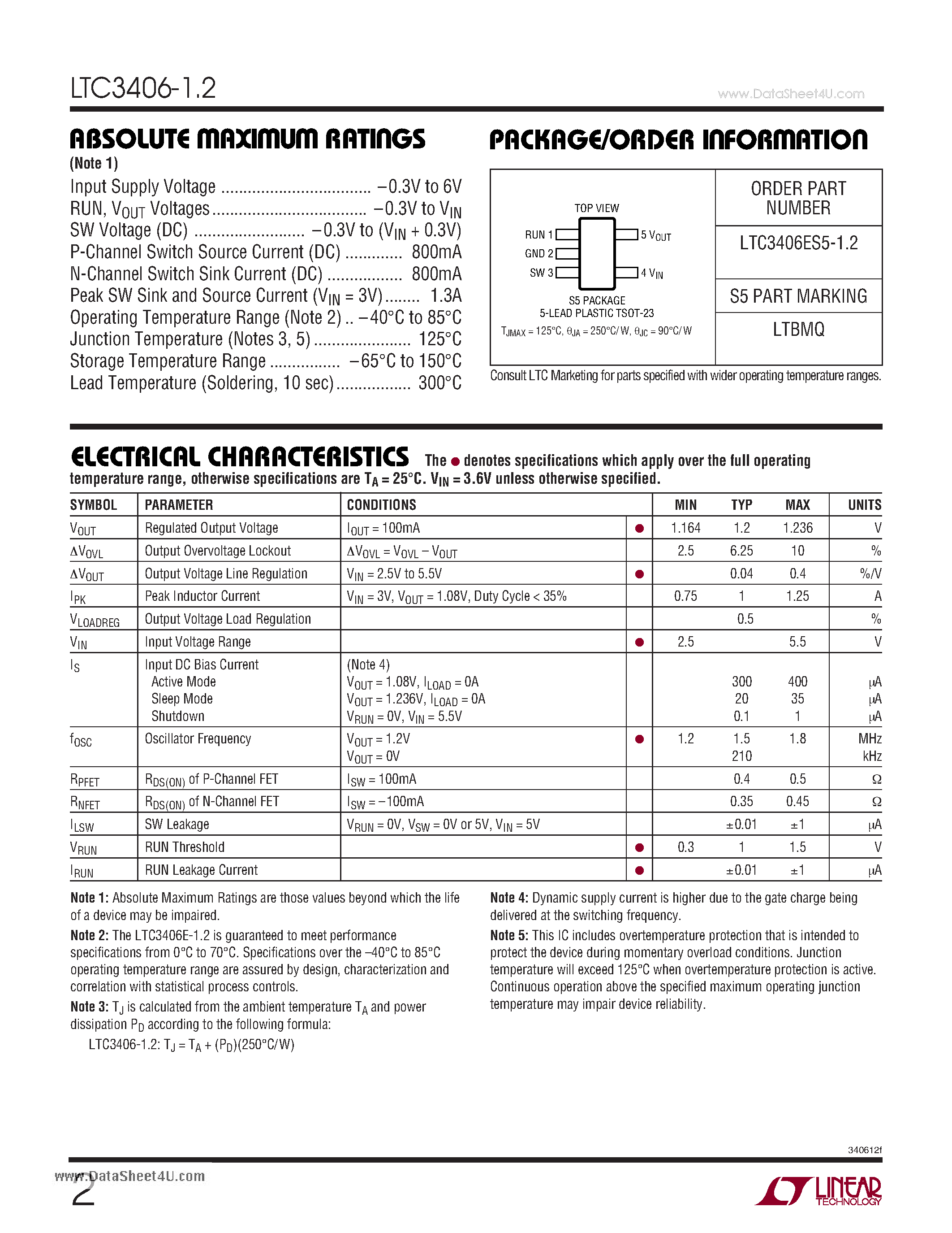 Datasheet LTC3406-1.2 - 1.5MHz / 600mA Synchronous Step-Down Regulator in ThinSOT page 2