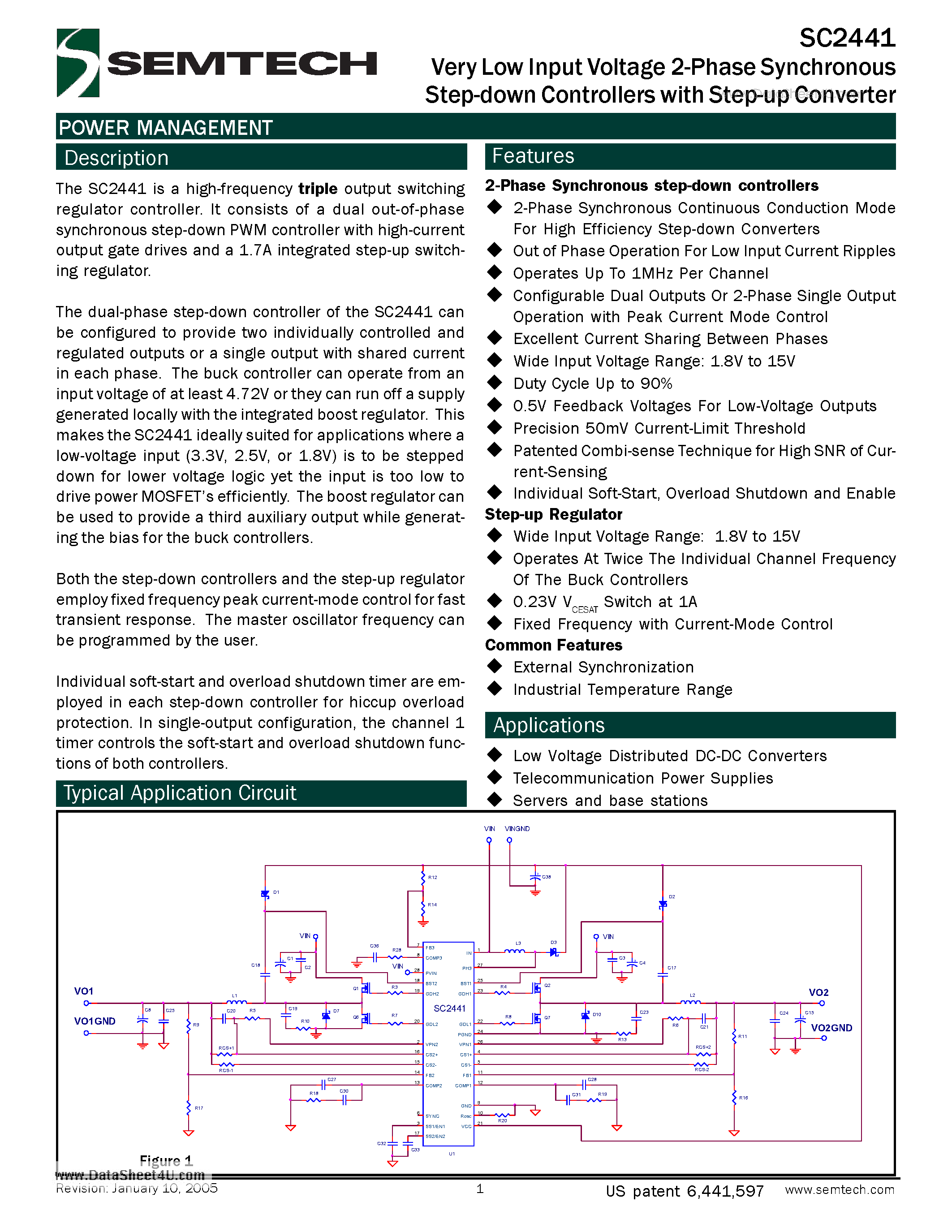 Даташит SC2441 - Very Low Input Voltage 2-Phase Synchronous Step-down Controllers with Step-up Converter страница 1