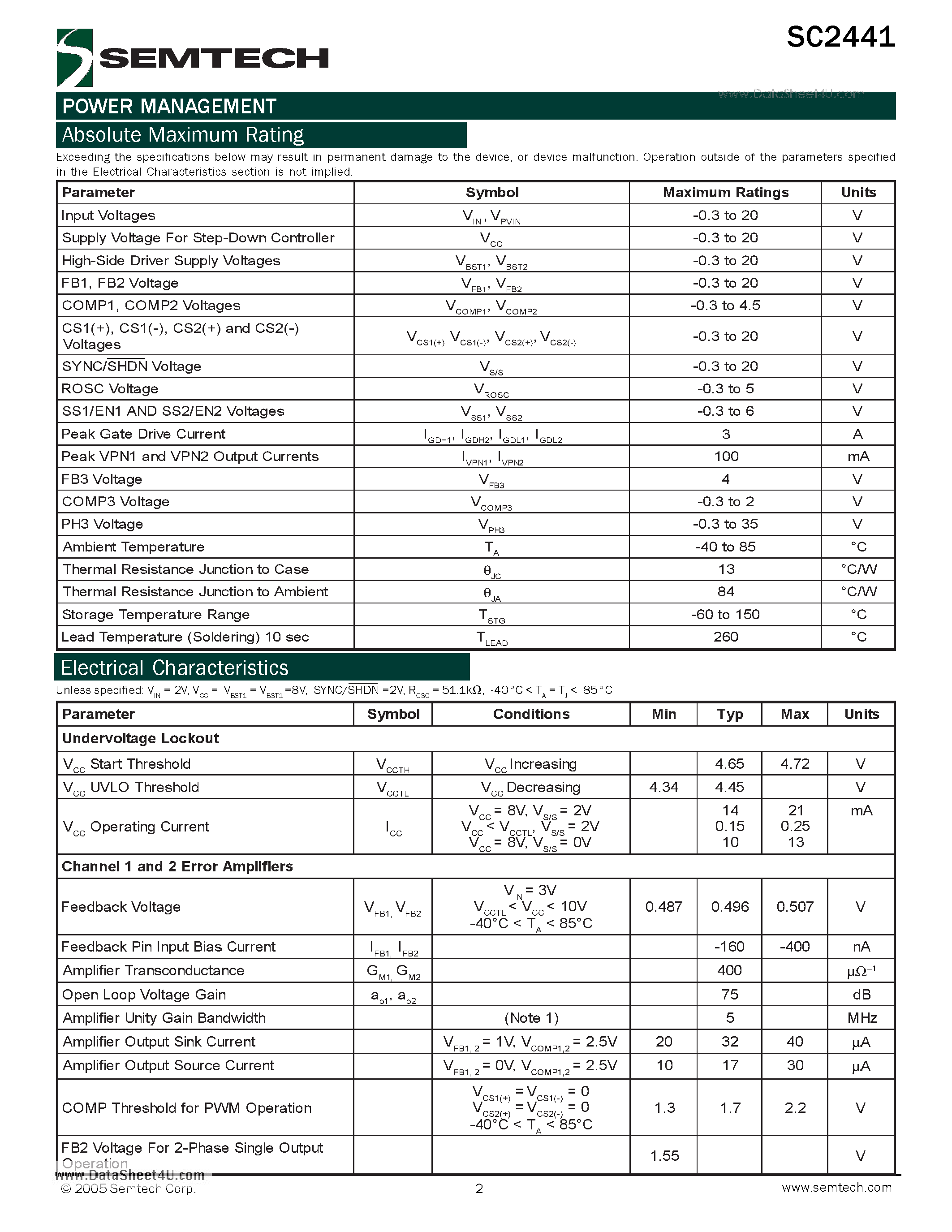 Даташит SC2441 - Very Low Input Voltage 2-Phase Synchronous Step-down Controllers with Step-up Converter страница 2
