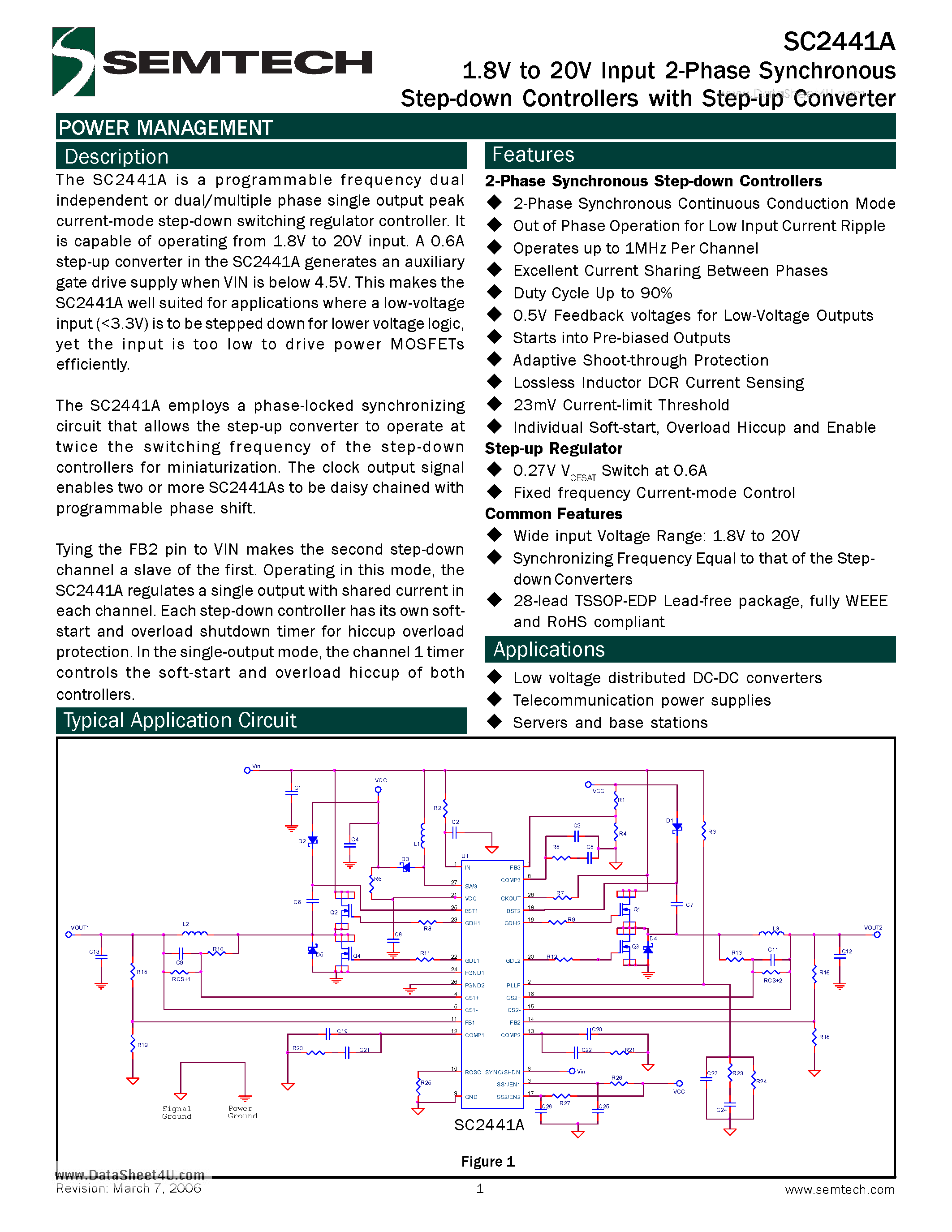 Даташит SC2441A - 1.8V to 20V Input 2-Phase Synchronous Step-down Controllers with Step-up Converter страница 1