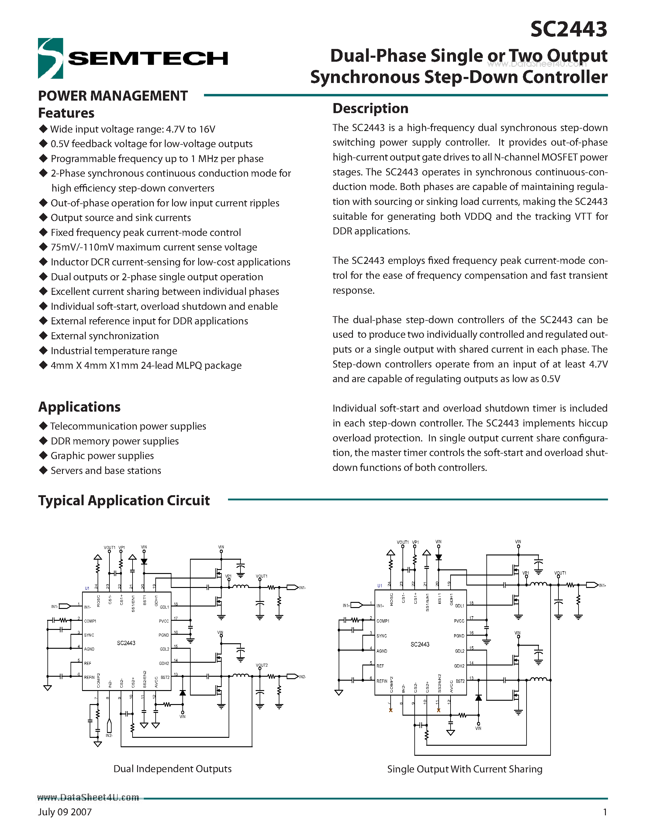 Datasheet SC2443 - Dual-Phase Single or Two Output Synchronous Step-Down Controller page 1