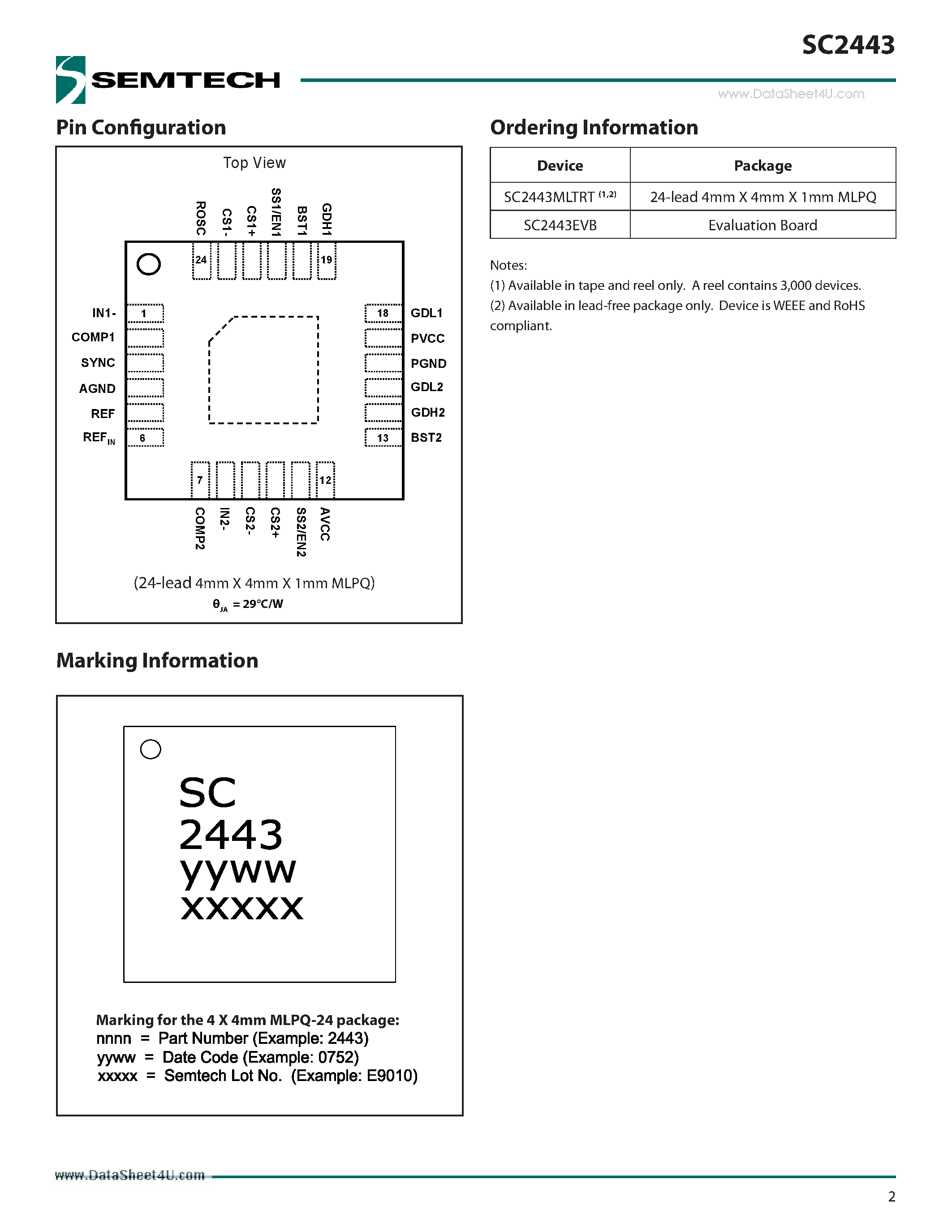 Datasheet SC2443 - Dual-Phase Single or Two Output Synchronous Step-Down Controller page 2