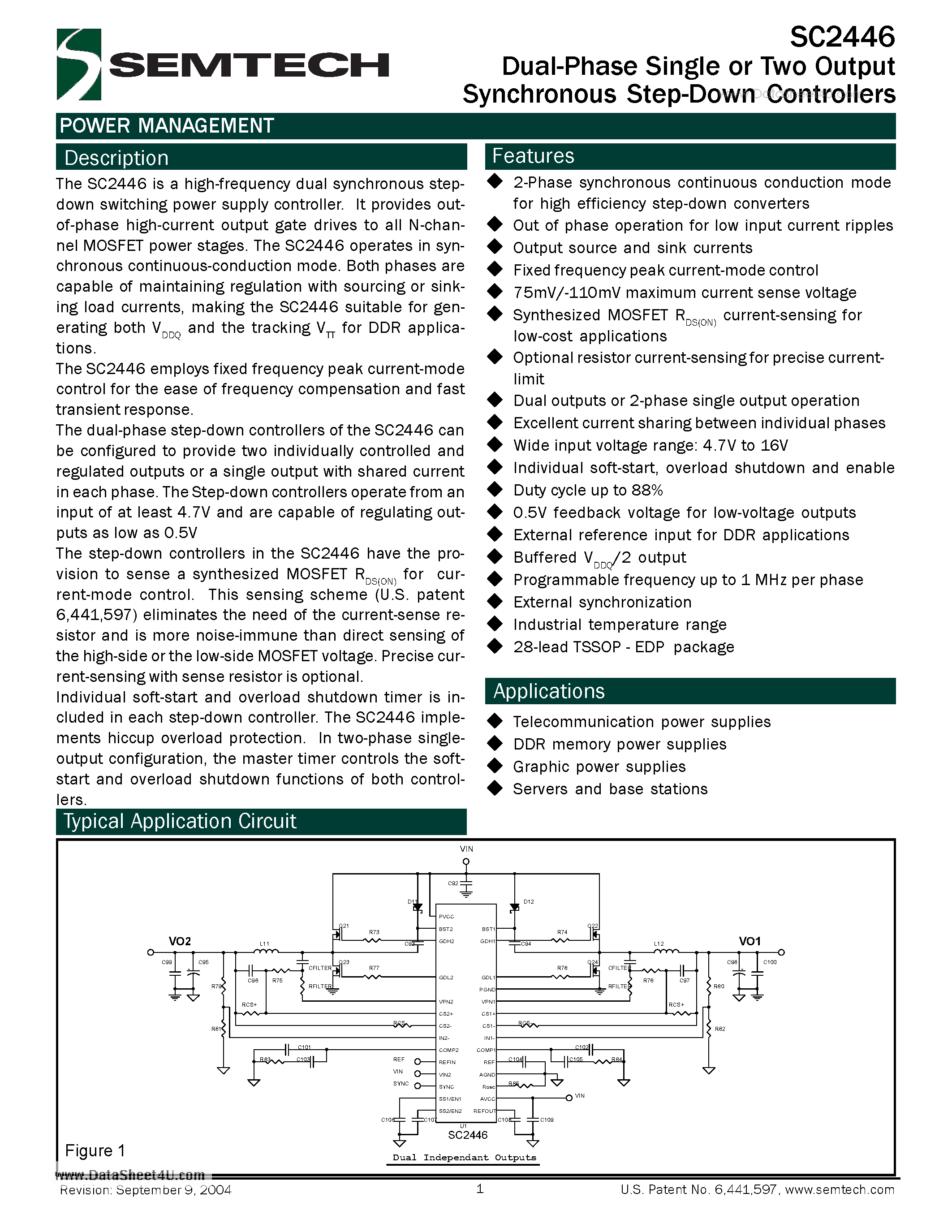 Datasheet SC2446 - Dual-Phase Single or Two Output Synchronous Step-Down Controller page 1