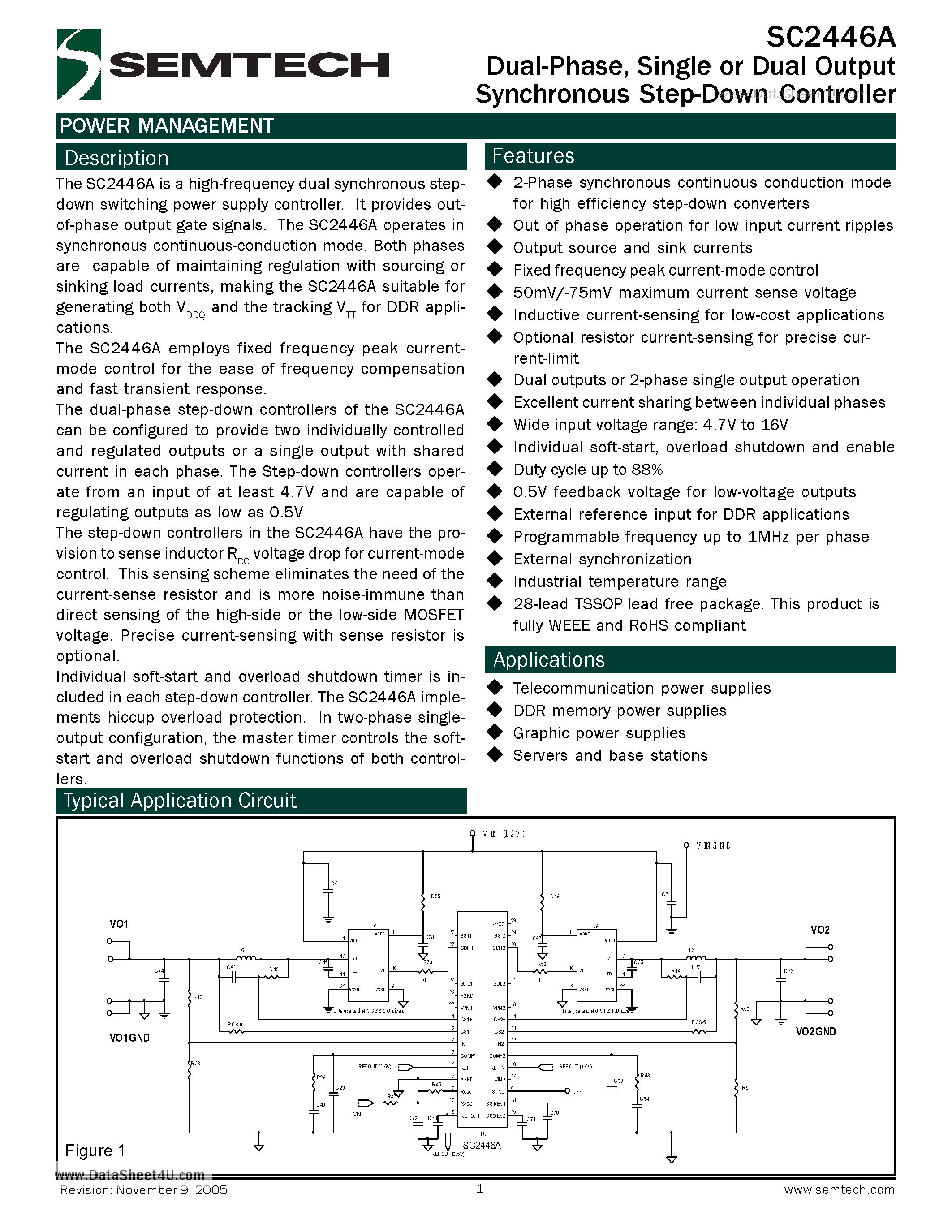 Datasheet SC2446A - Dual-Phase Single or Two Output Synchronous Step-Down Controller page 1