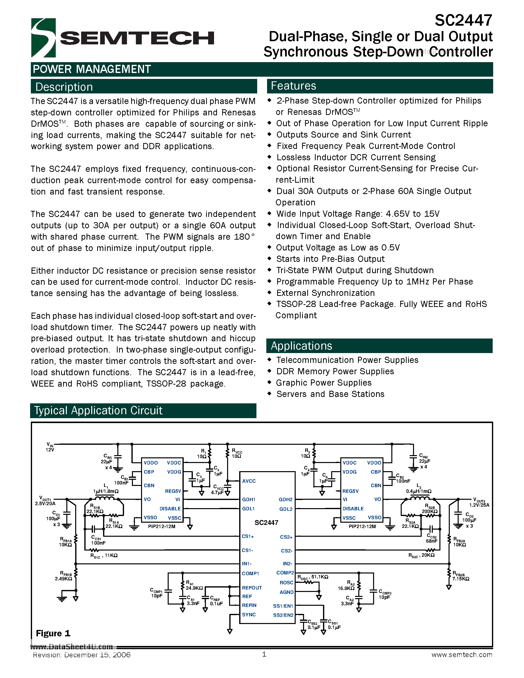Datasheet SC2447 - Dual-Phase Single or Two Output Synchronous Step-Down Controller page 1