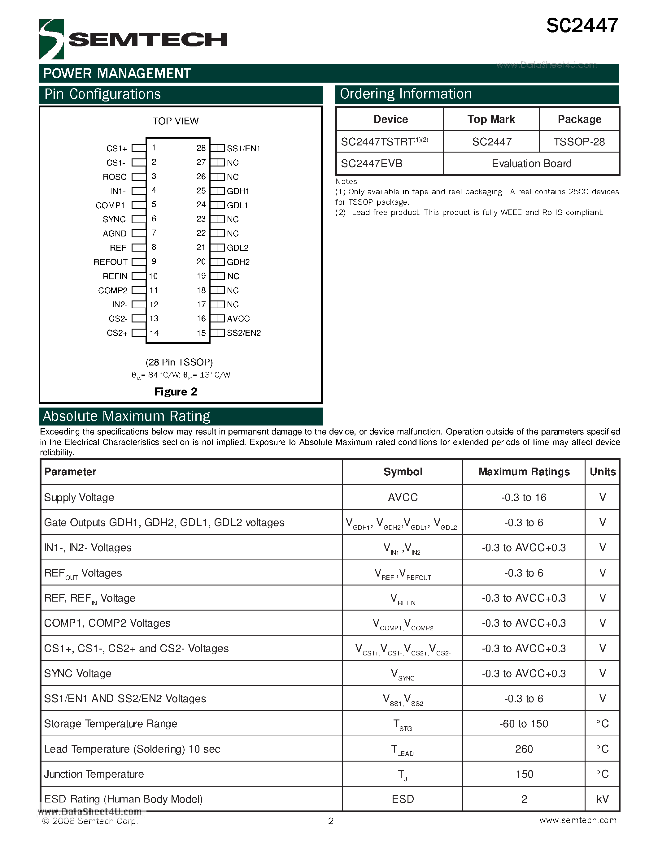 Datasheet SC2447 - Dual-Phase Single or Two Output Synchronous Step-Down Controller page 2