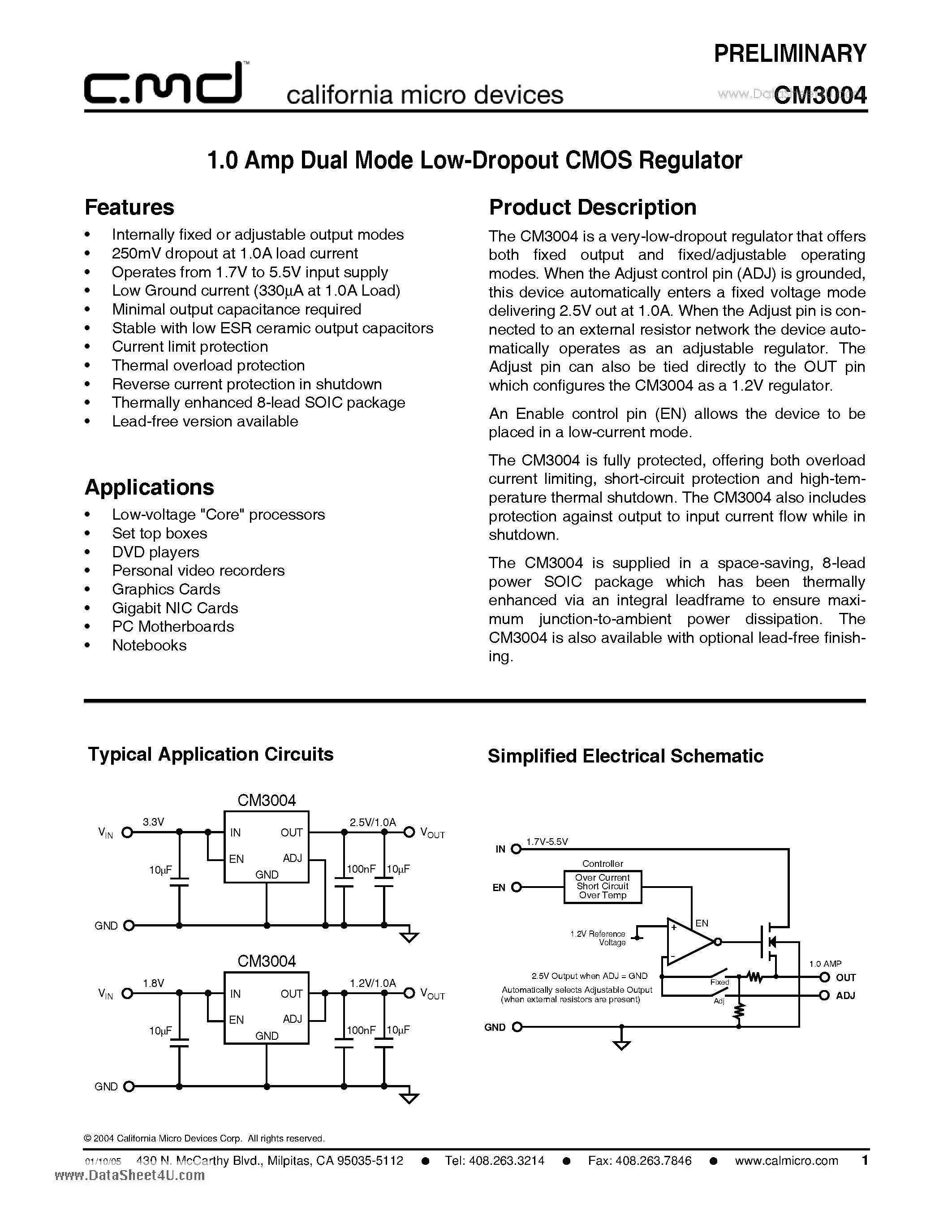 Datasheet CM3004 page 1 Datasheet CM3004 - 1.0 Amp Dual Mode Low-Dropout CMOS Regulator page 1