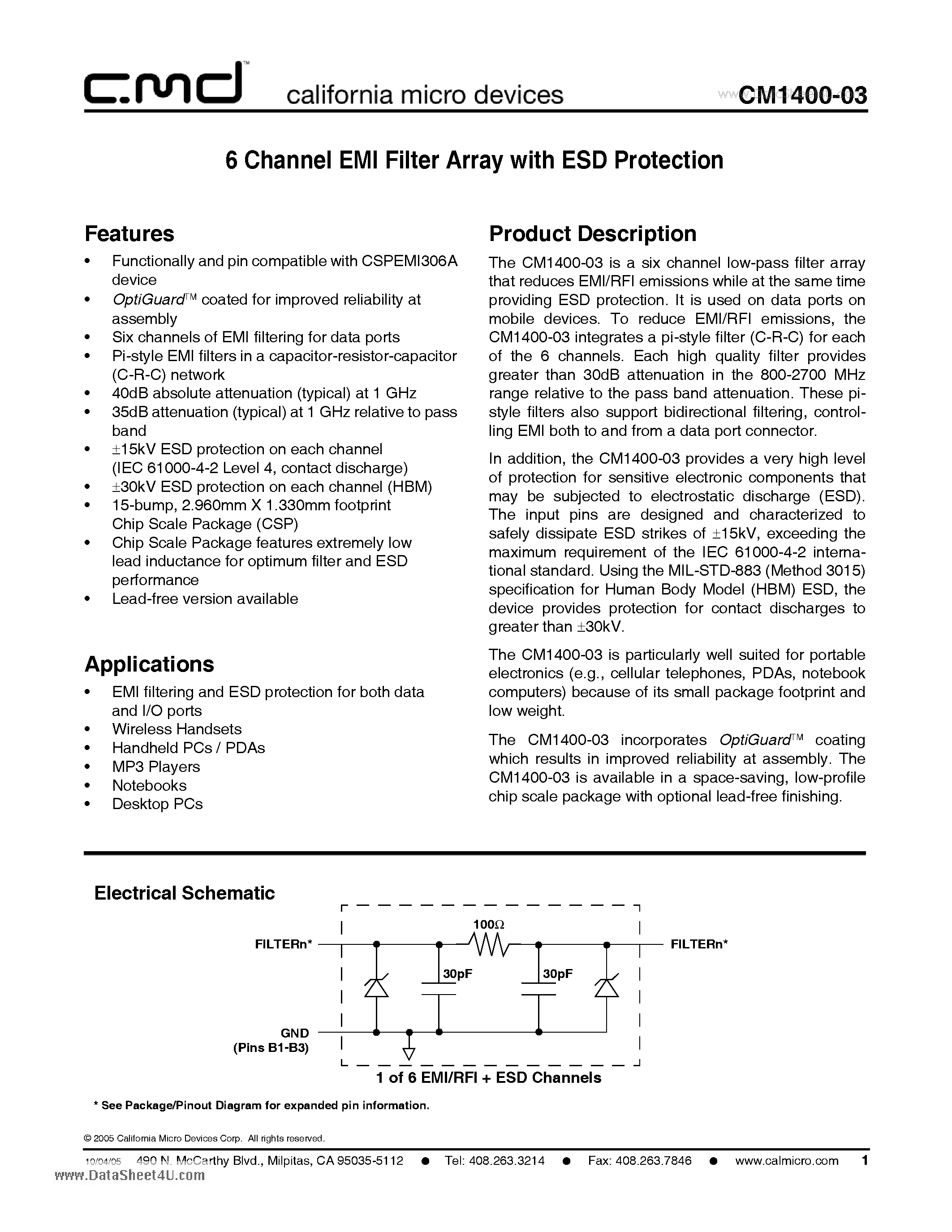 Datasheet CM1400-03 - 6 Channel EMI Filter Array with ESD Protection page 1