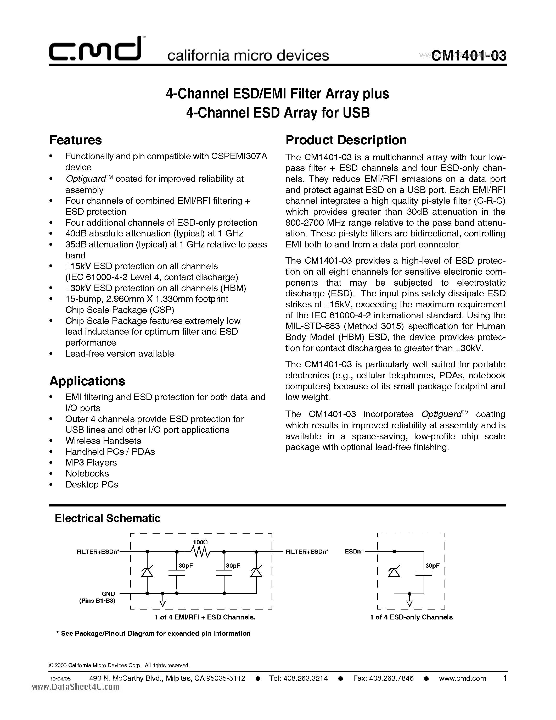 Datasheet CM1401-03 - 4-Channel ESD/EMI Filter Array plus 4-Channel ESD Array for USB page 1