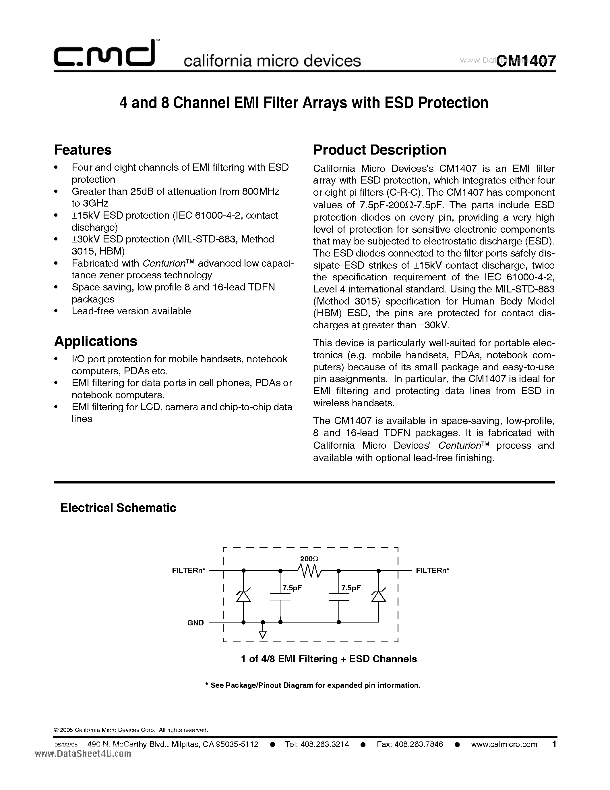 Datasheet CM1407 - 4 and 8 Channel EMI Filter Arrays page 1