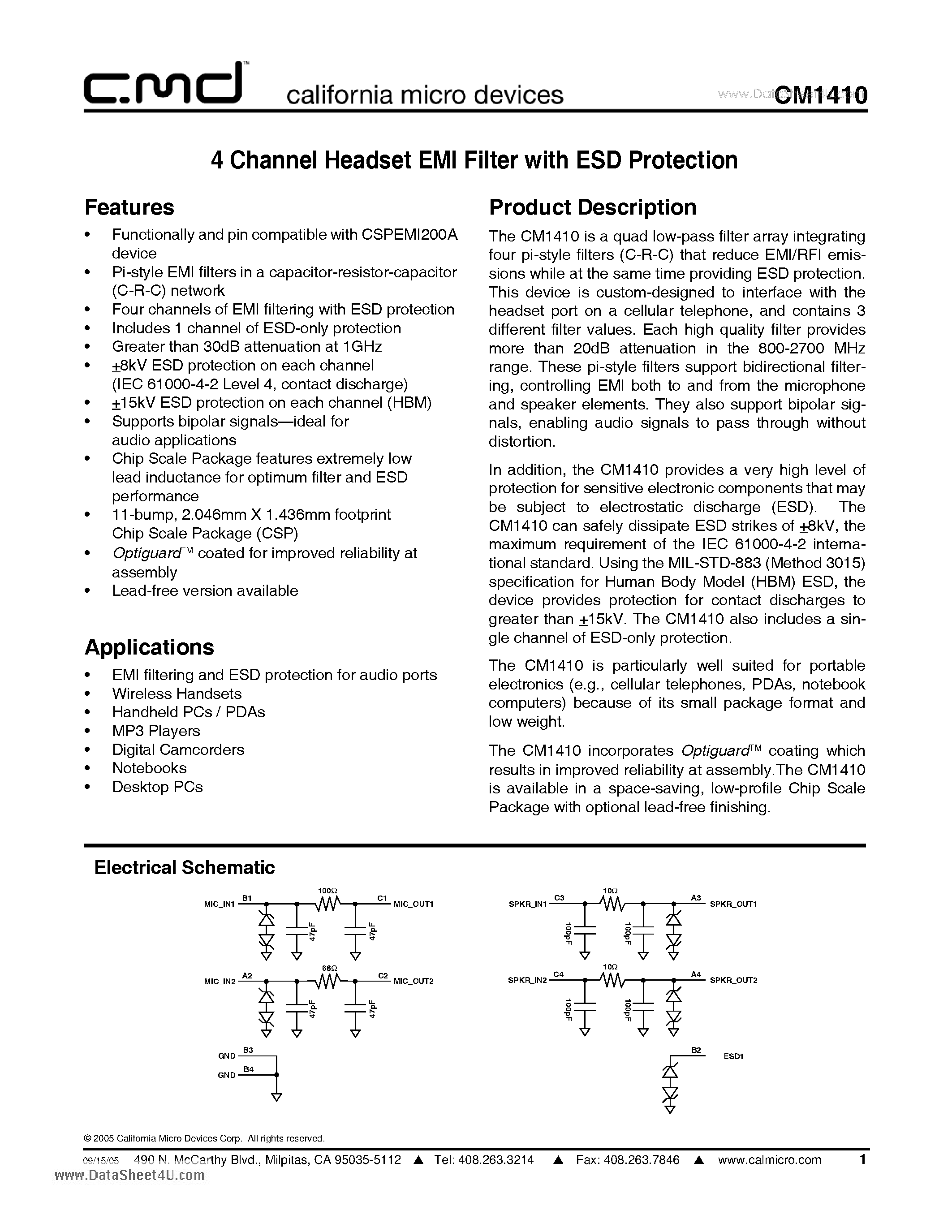 Datasheet CM1410 - 4 Channel Headset EMI Filter with ESD Protection page 1