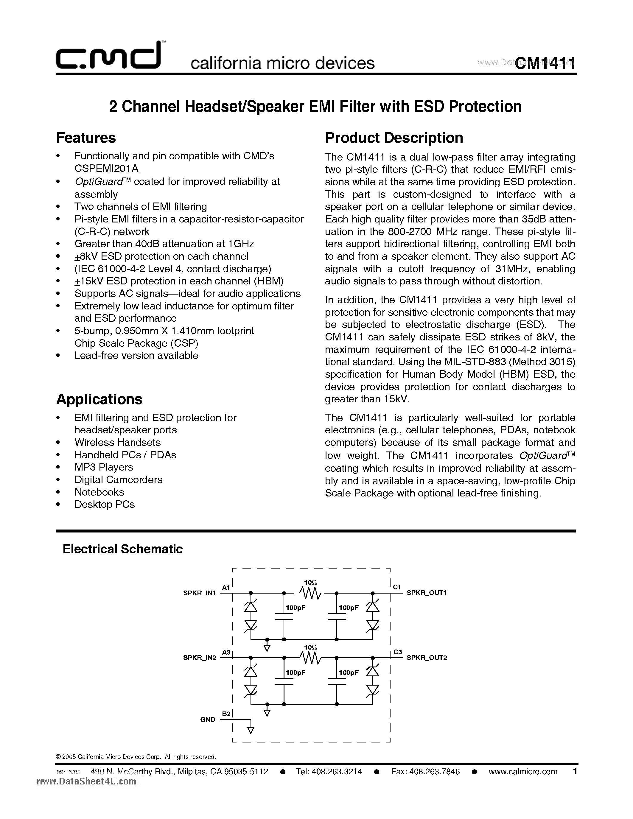 Даташит на микросхему CM1411 страница 1 Даташит CM1411 - 2 Channel Headset/Speaker EMI Filter with ESD Protection страница 1