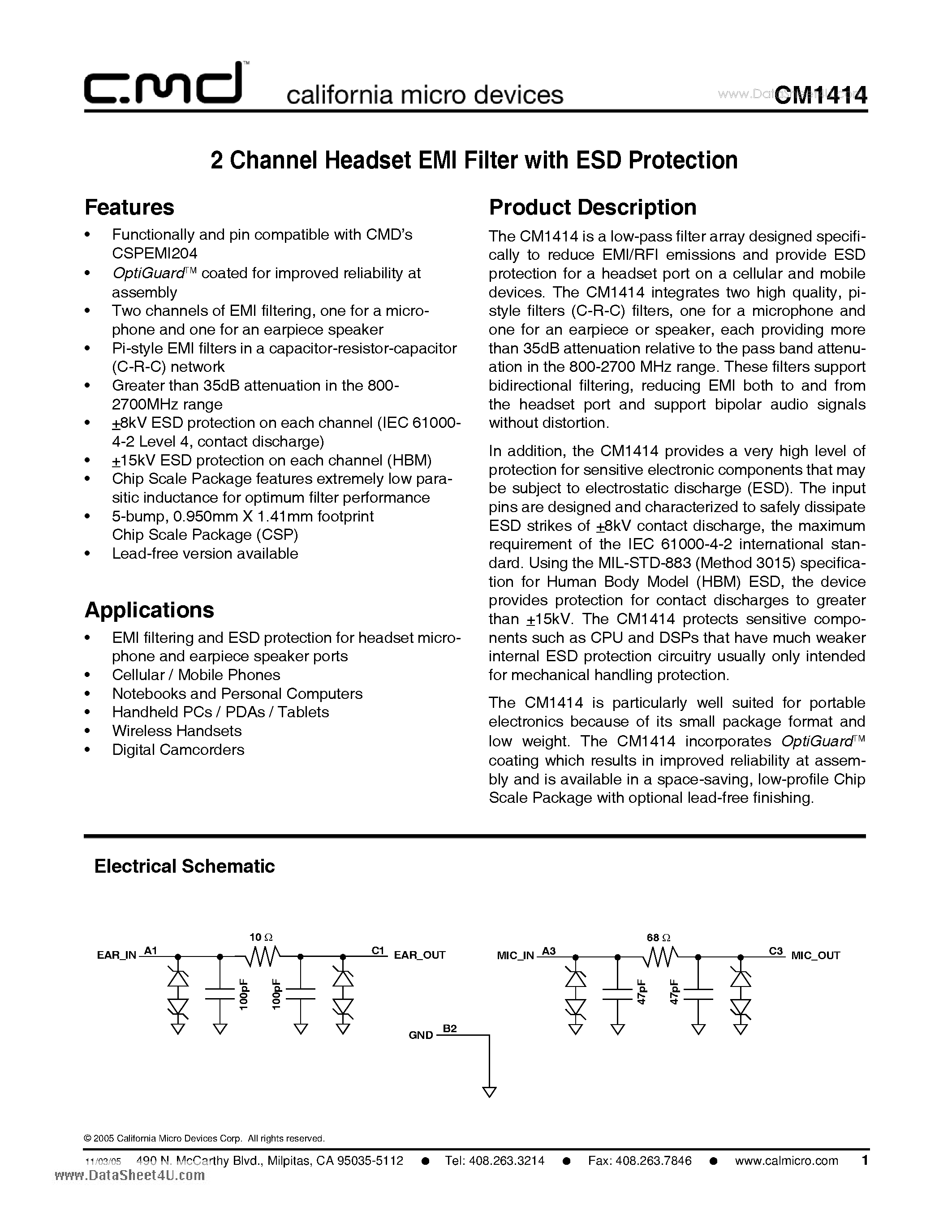 Даташит на микросхему CM1414 страница 1 Даташит CM1414 - 2 Channel Headset EMI Filter with ESD Protection страница 1