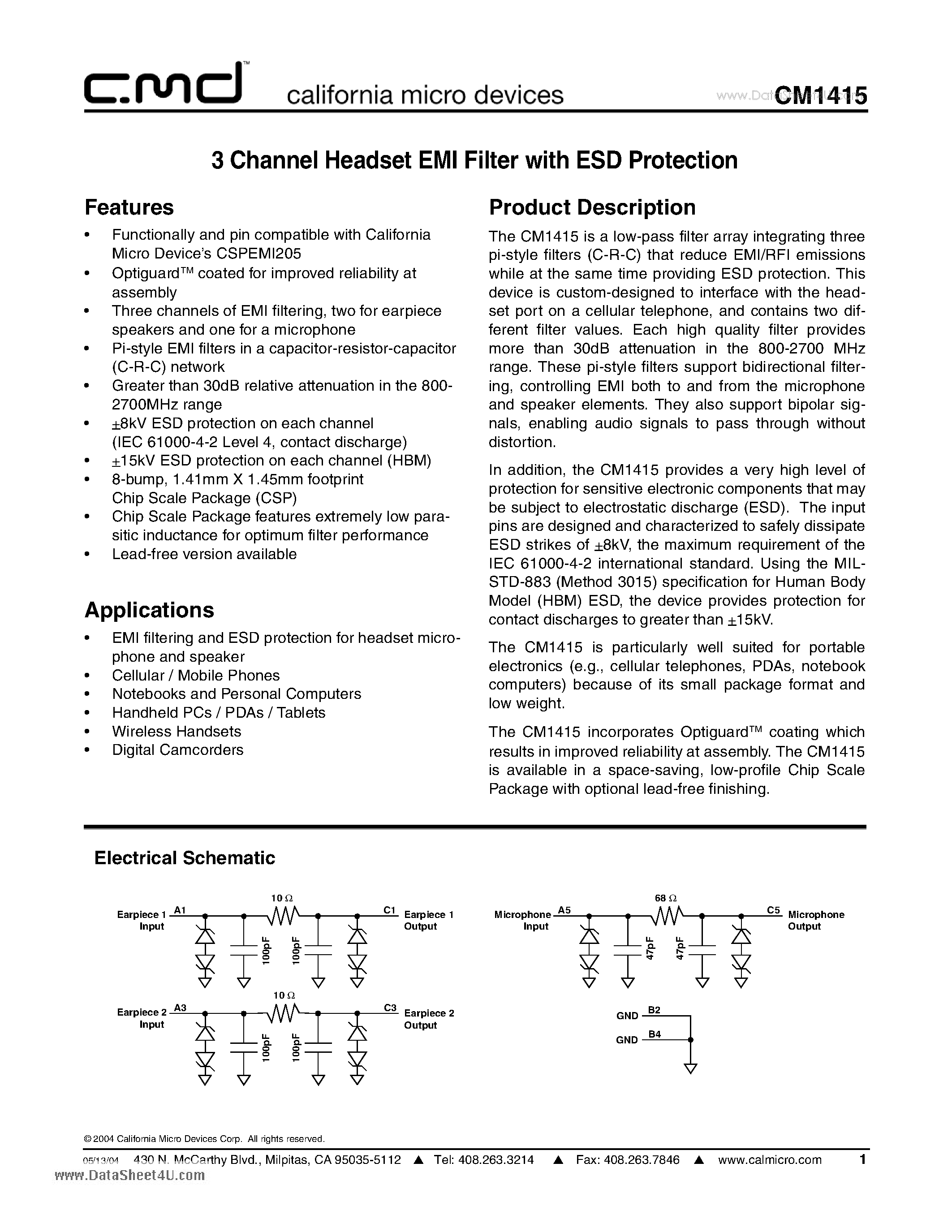 Datasheet CM1415 page 1 Datasheet CM1415 - 3 Channel Headset EMI Filter with ESD Protection page 1
