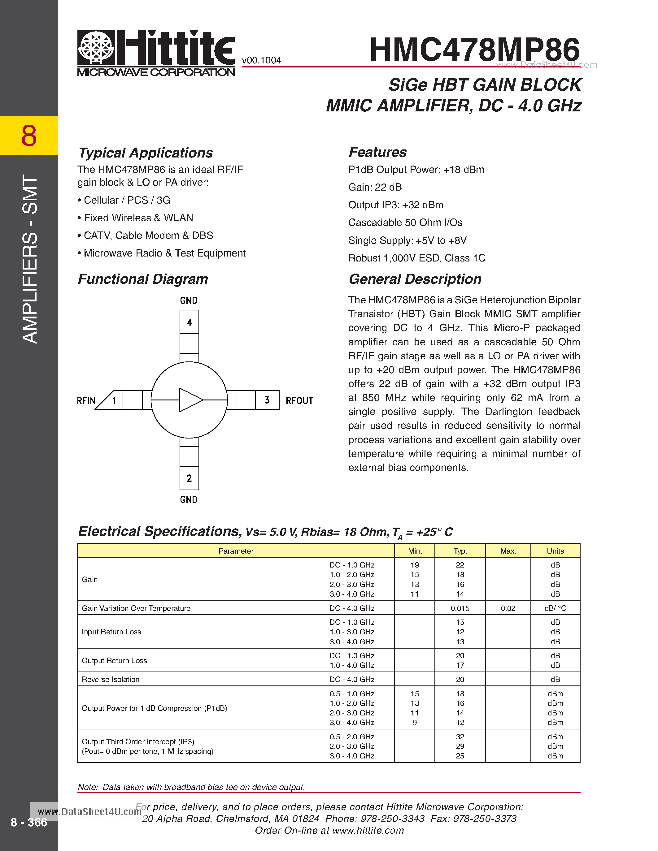 Даташит HMC478MP86 - SiGe HBT GAIN BLOCK MMIC AMPLIFIE /DC - 4.0 GHz страница 1