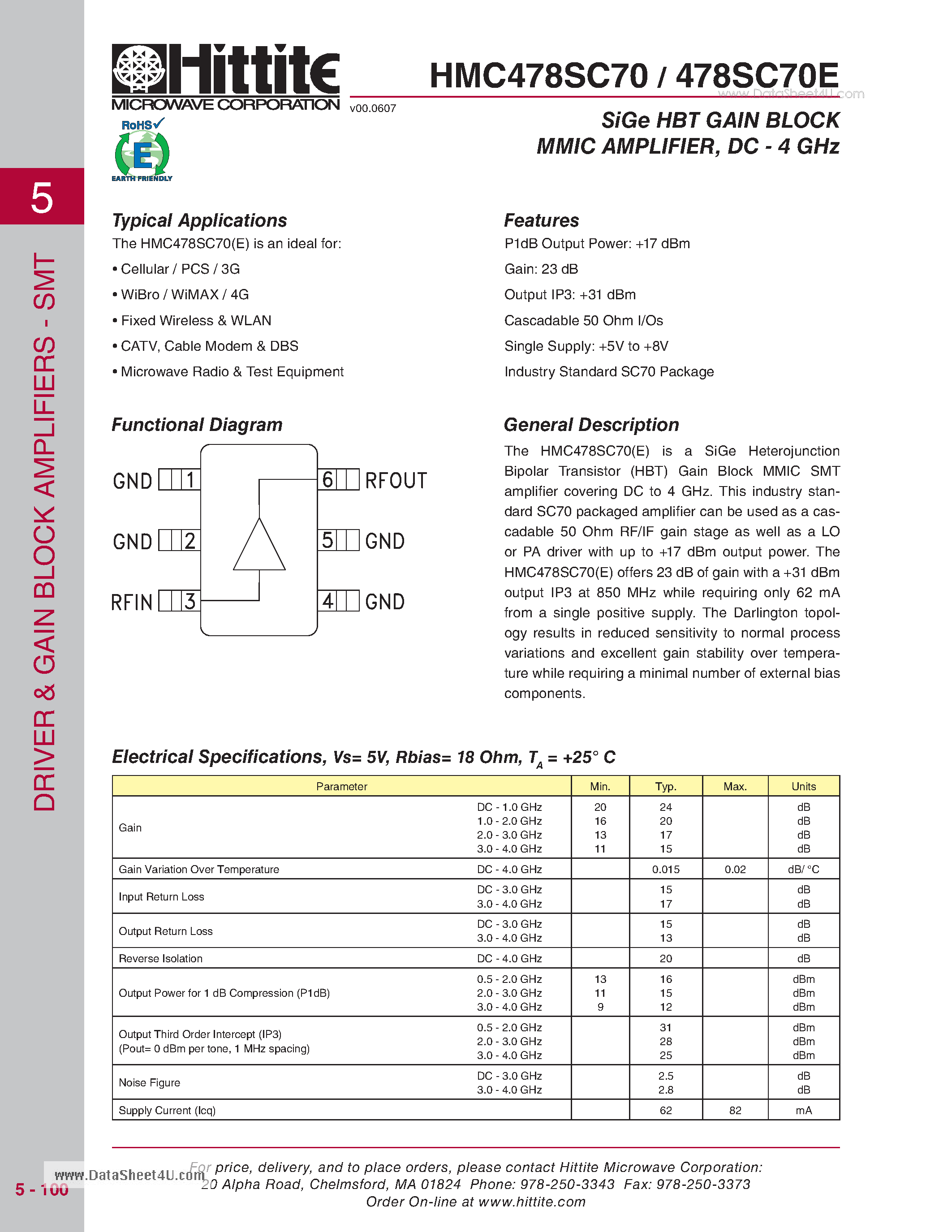 Даташит HMC478SC70 - SiGe HBT GAIN BLOCK MMIC AMPLIFIE /DC - 4 GHz страница 1