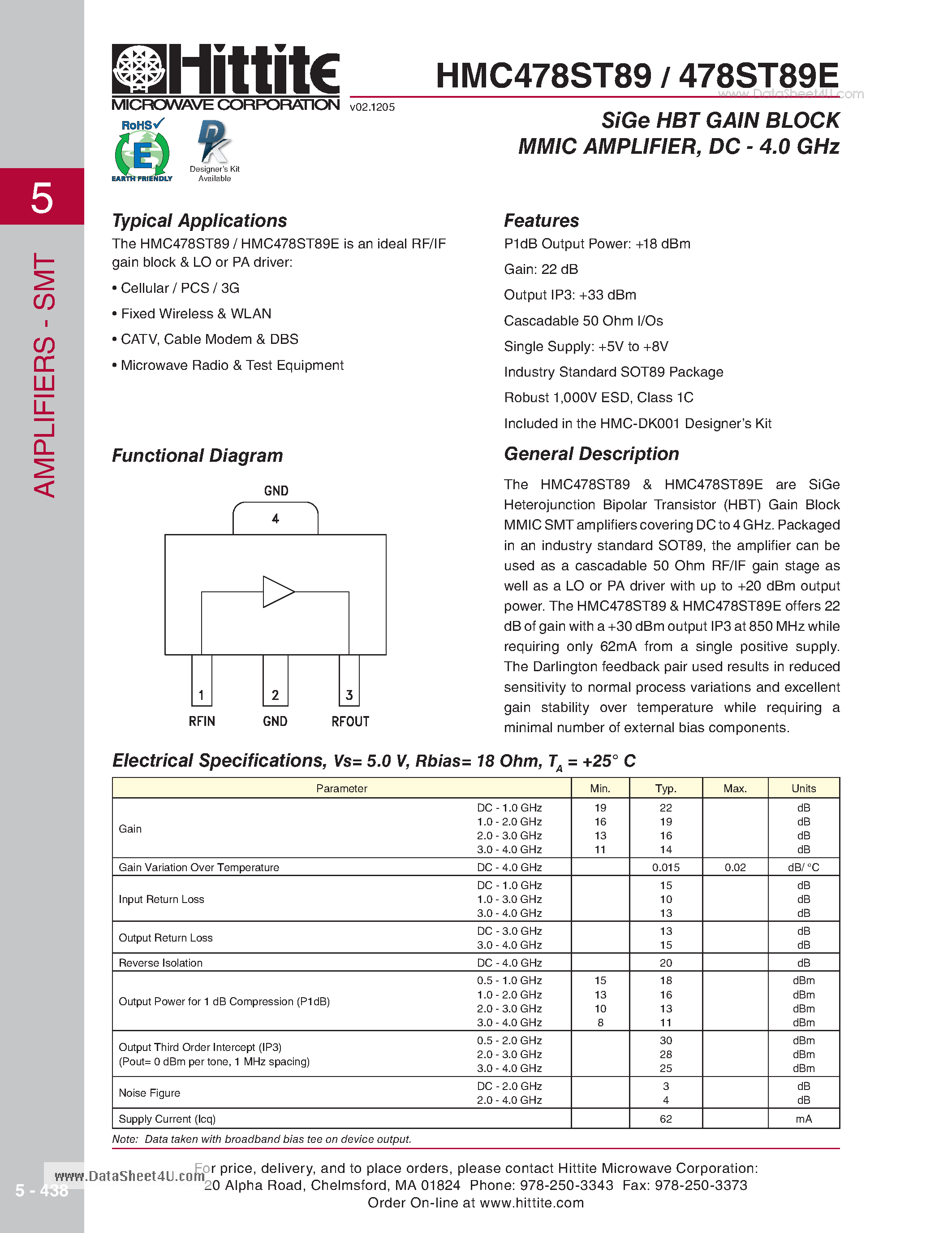 Даташит HMC478ST89 - SiGe HBT GAIN BLOCK MMIC AMPLIFIE /DC - 4.0 GHz страница 1
