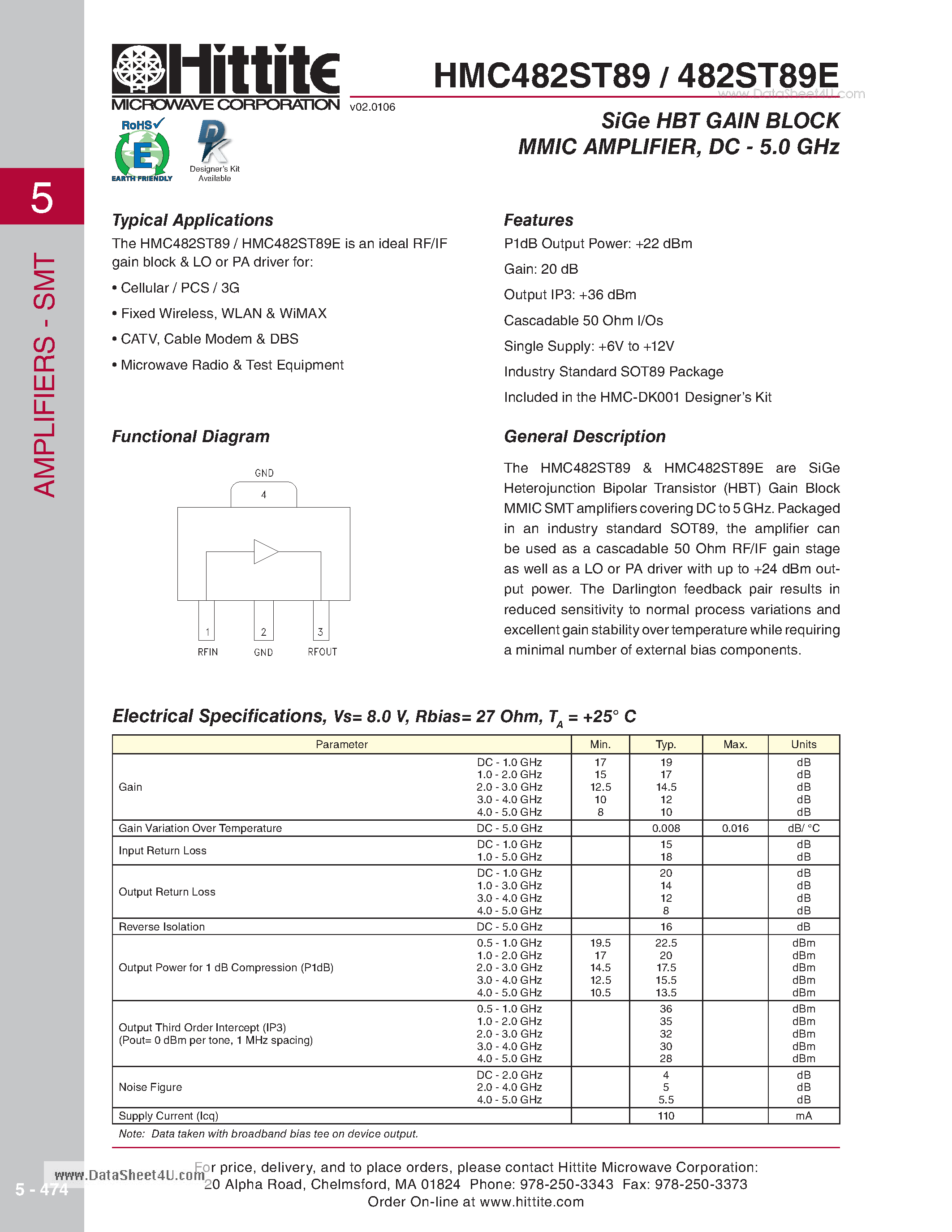 Datasheet HMC482ST89 page 1 Datasheet HMC482ST89 - SiGe HBT GAIN BLOCK MMIC AMPLIFIE /DC - 5.0 GHz page 1