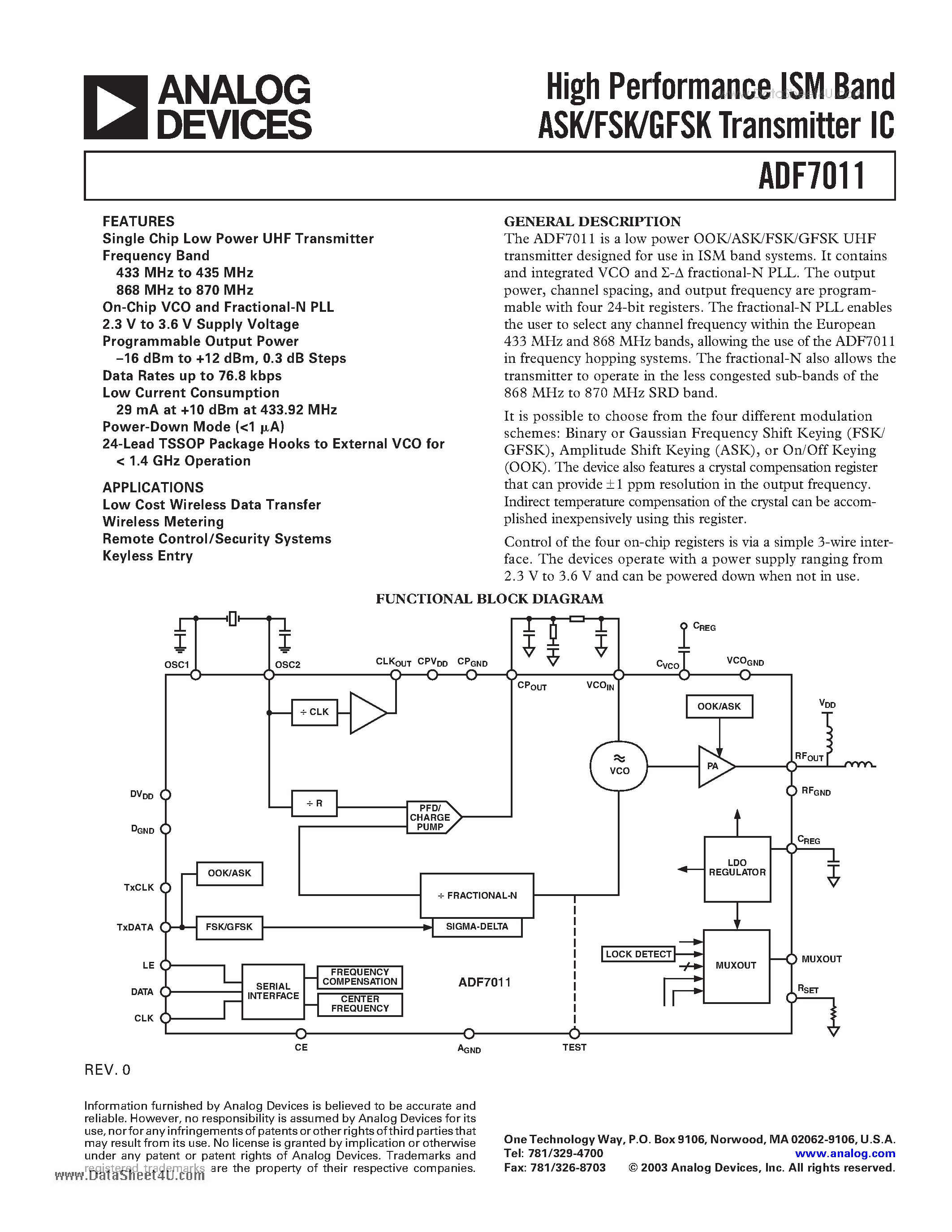Datasheet ADF7011 - High Performance ISM Band ASK/FSK/GFSK Transmitter IC page 1