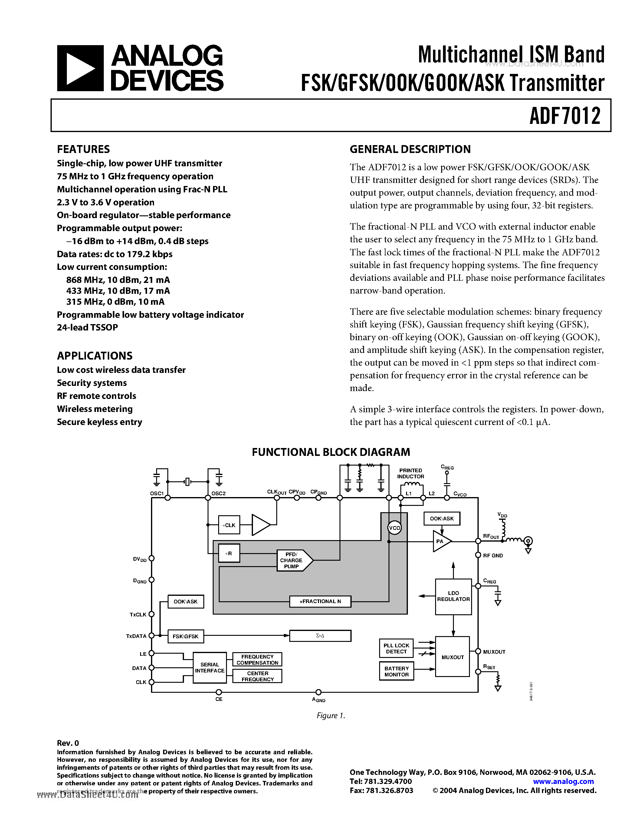 Datasheet ADF7012 page 1 Datasheet ADF7012 - Multichannel ISM Band FSK/GFSK/OOK/GOOK/ASK Transmitter page 1