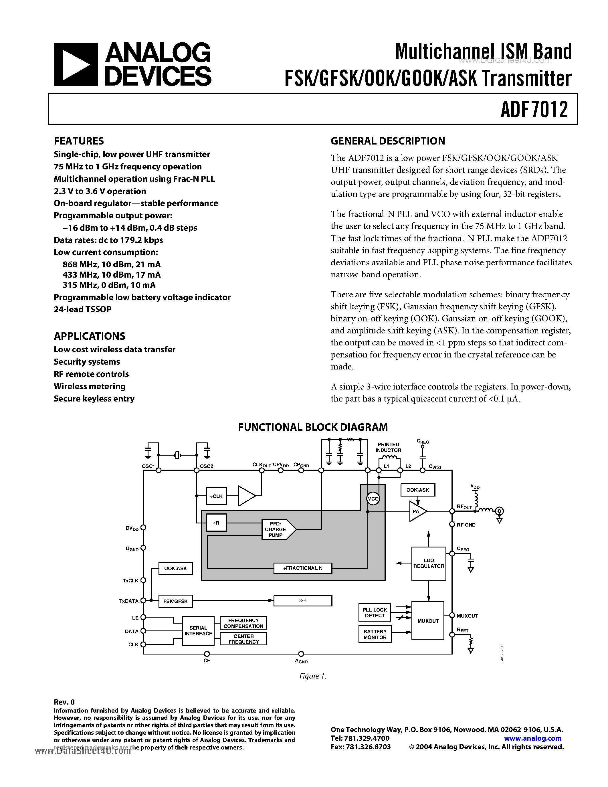 Даташит ADF7012 - Multichannel ISM Band FSK/GFSK/OOK/GOOK/ASK Transmitter страница 1