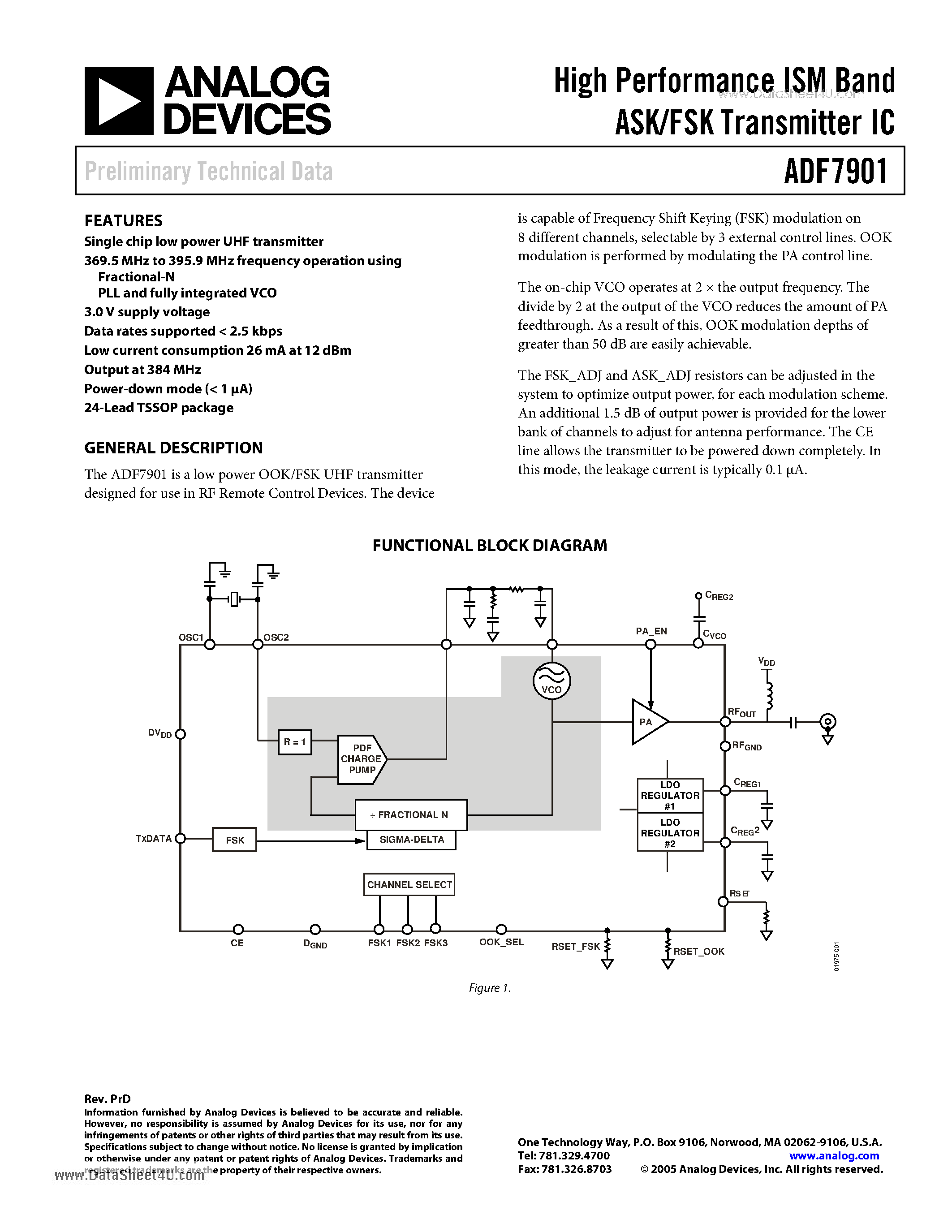 Даташит на микросхему ADF7901 страница 1 Даташит ADF7901 - High Performance ISM Band ASK/FSK Transmitter IC страница 1
