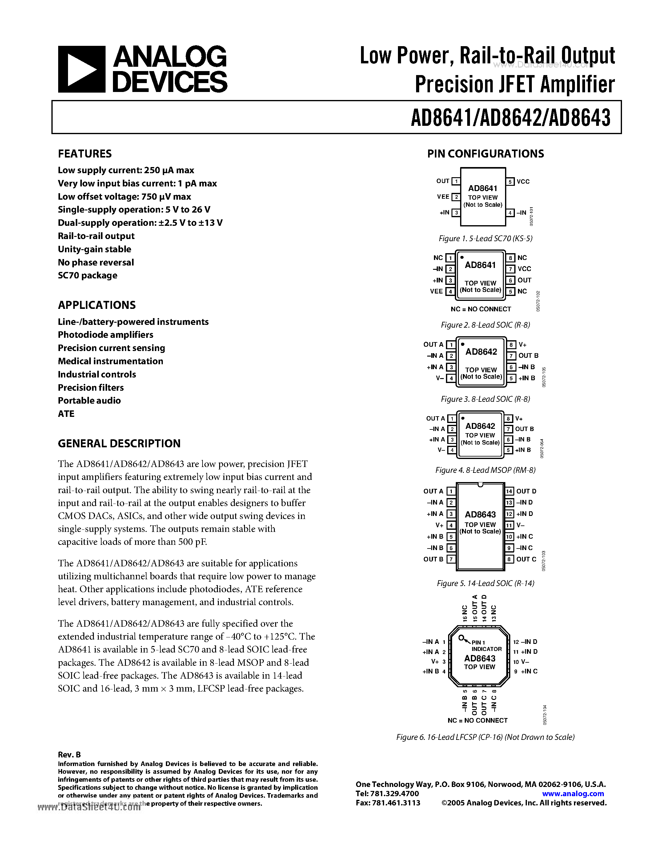 Datasheet AD8641 - Low Power Rail-to-Rail Output Precision JFET Amplifier page 1