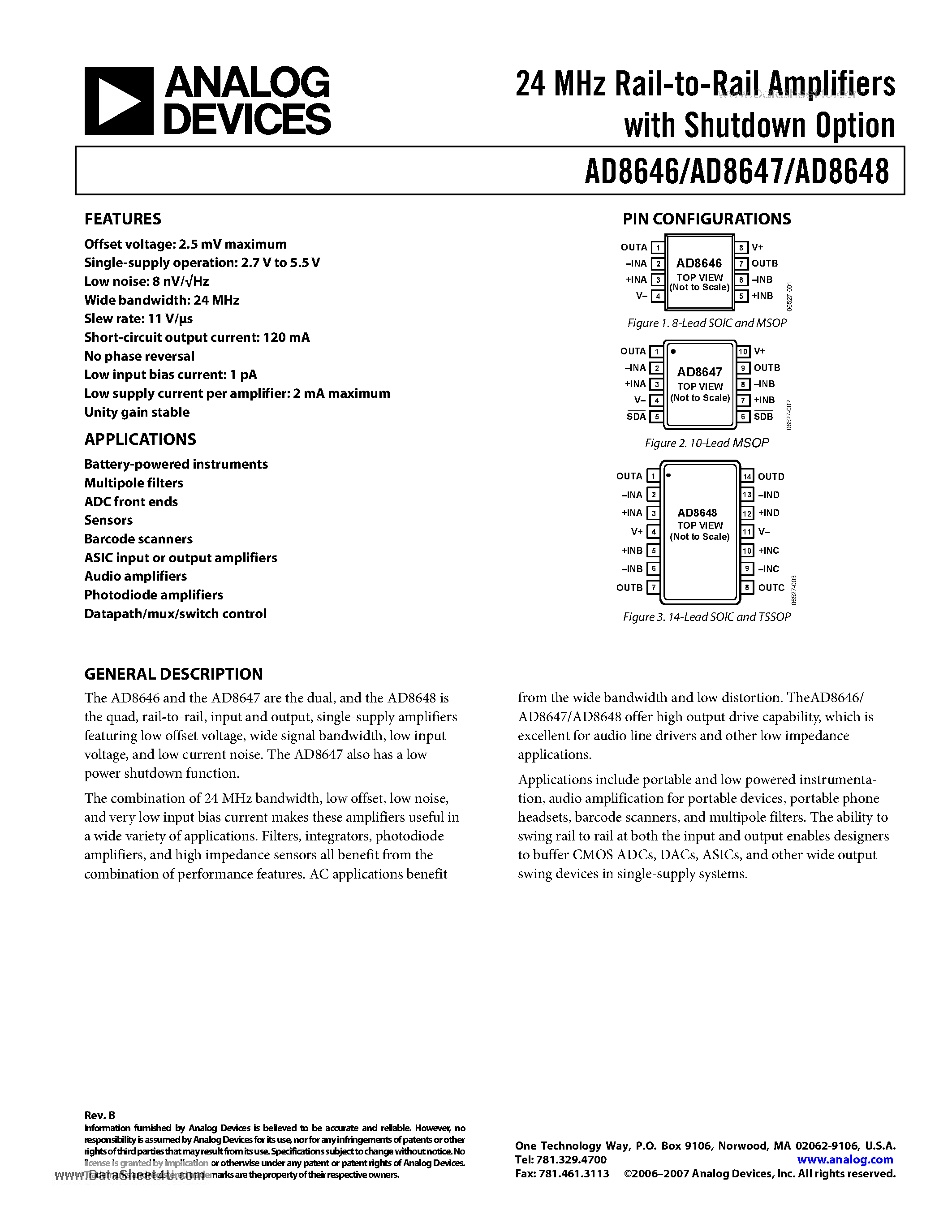Datasheet AD8646 - 24 MHz Rail-to-Rail Amplifiers with Shutdown Option page 1