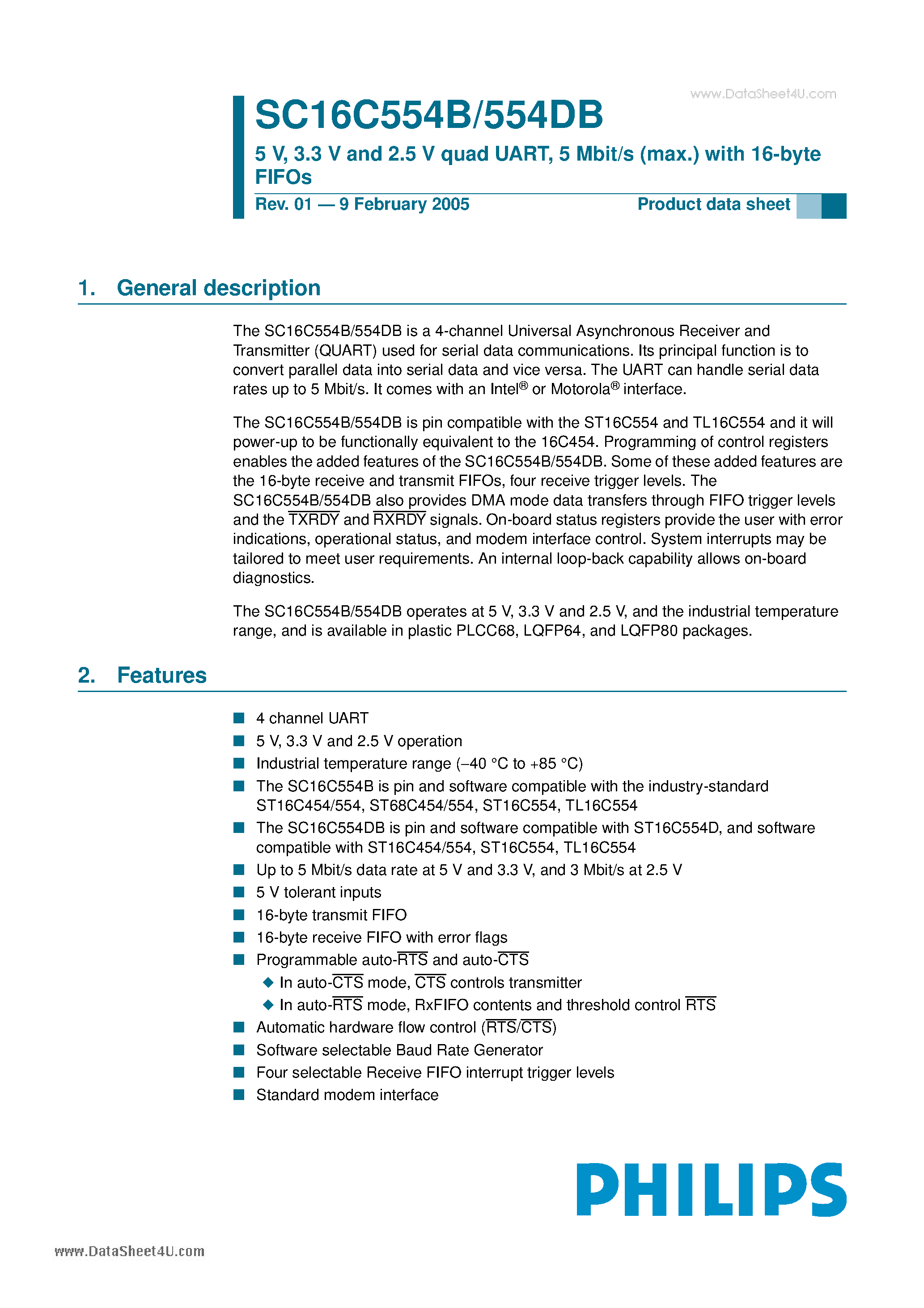 Datasheet SC16C554B - 5 V 3.3 V and 2.5 V quad UART - 5 Mbit/s (max.) with 16-byte FIFOs page 1
