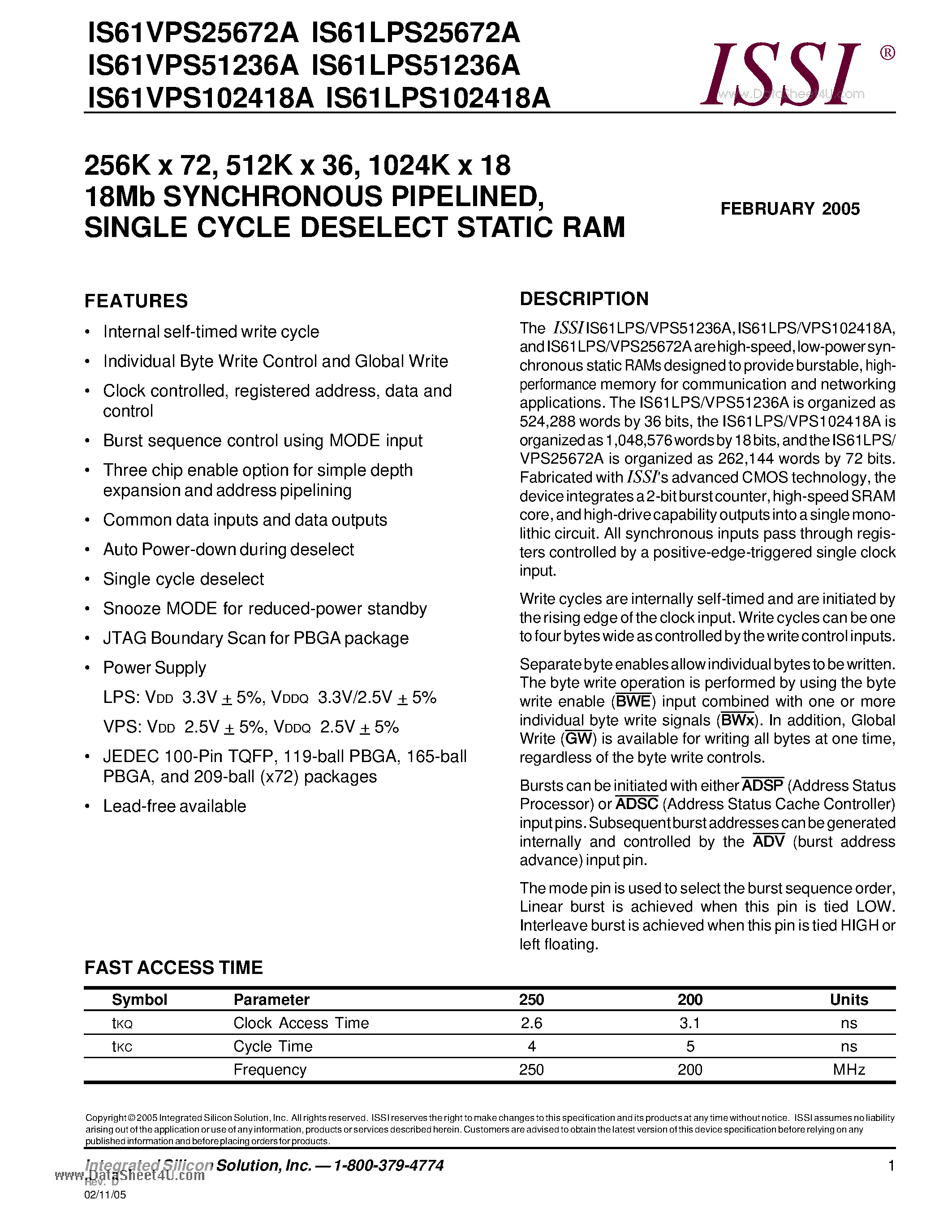 Datasheet IS61LPS102418A - 256K x 72/ 512K x 36/ 1024K x 18 18Mb SYNCHRONOUS PIPELINED SINGLE CYCLE DESELECT STATIC RAM page 1