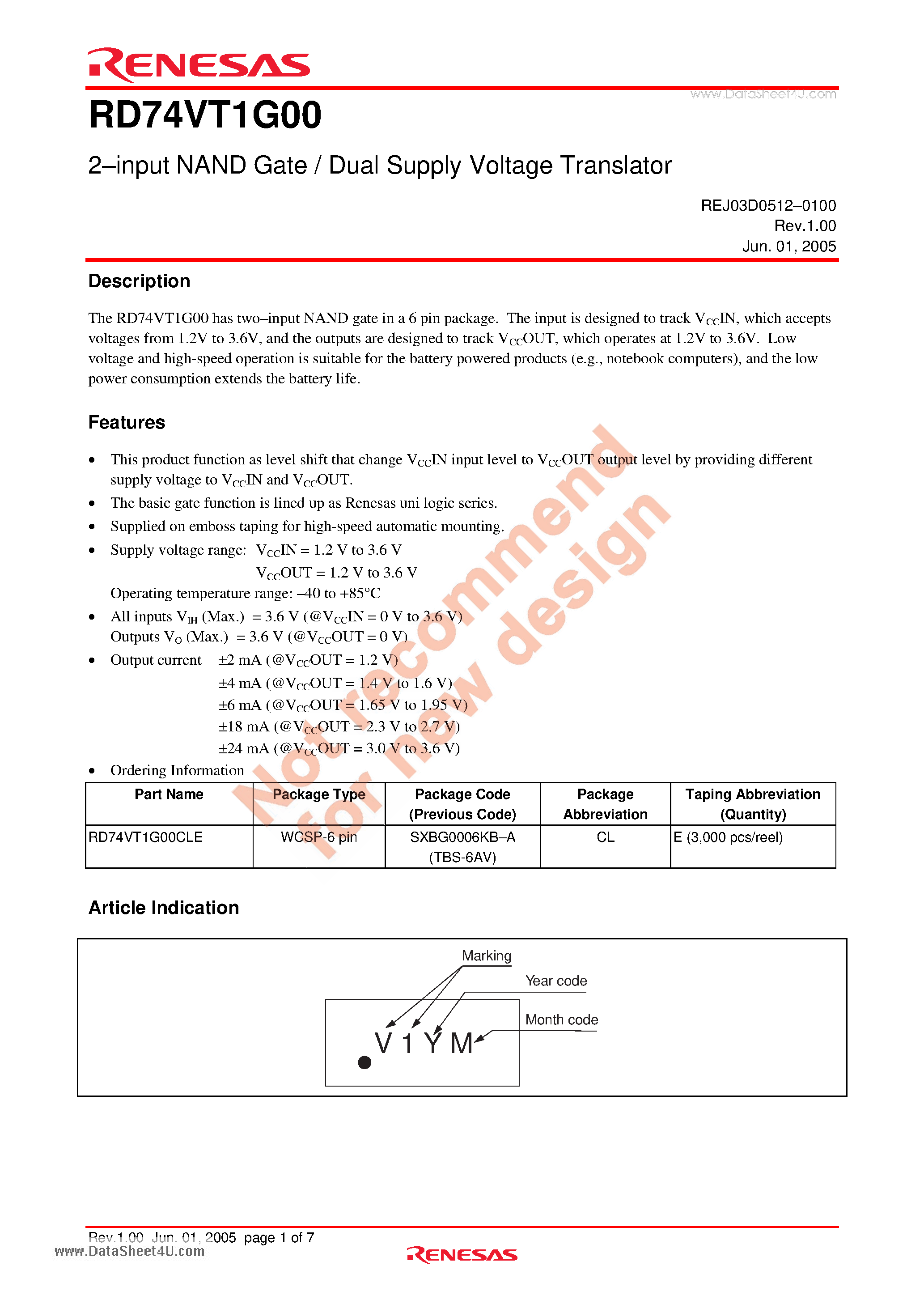 Datasheet RD74VT1G00 page 1 Datasheet RD74VT1G00 - 2-input NAND Gate / Dual Supply Voltage Translator page 1