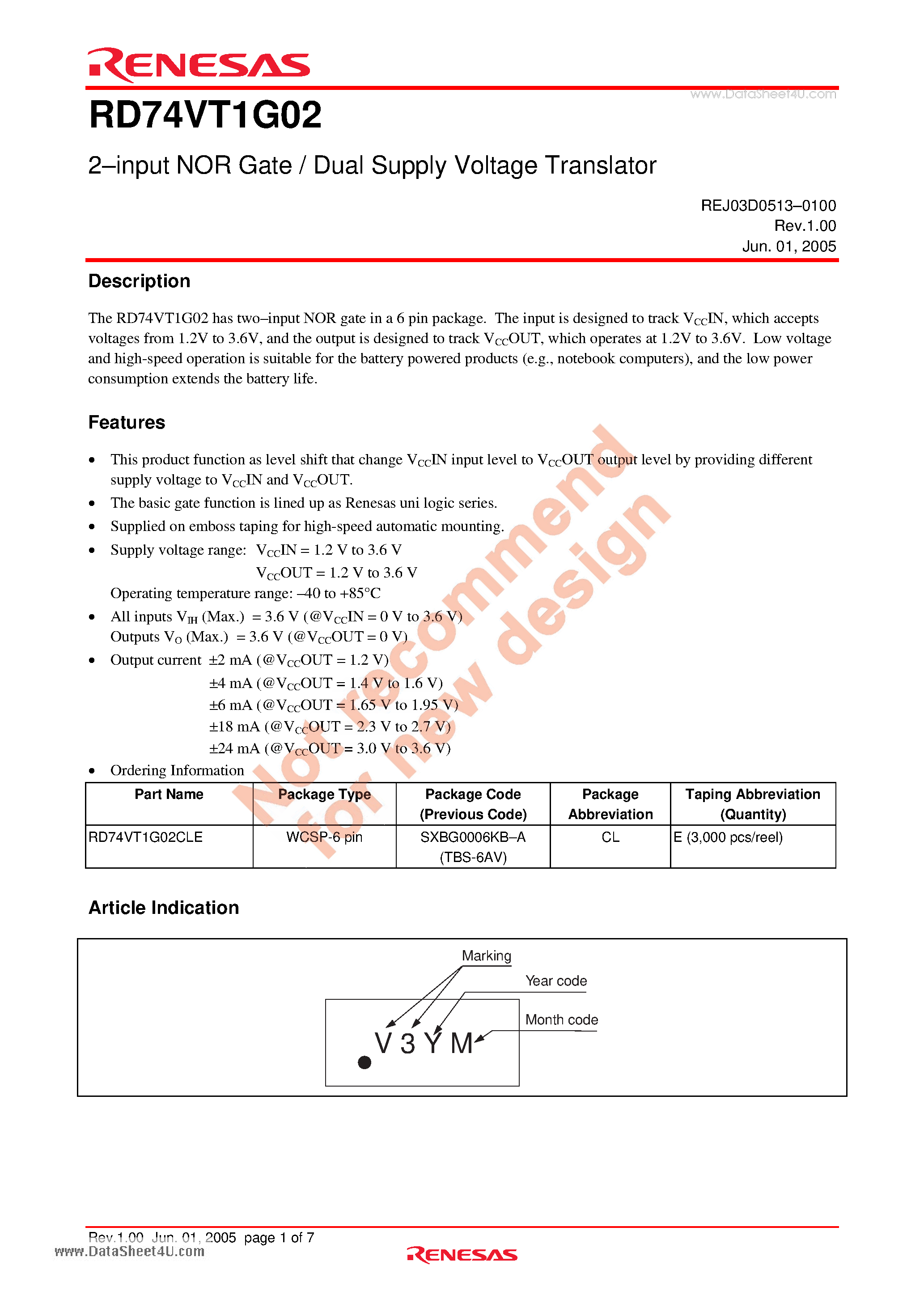Datasheet RD74VT1G02 - 2-input NOR Gate / Dual Supply Voltage Translator page 1