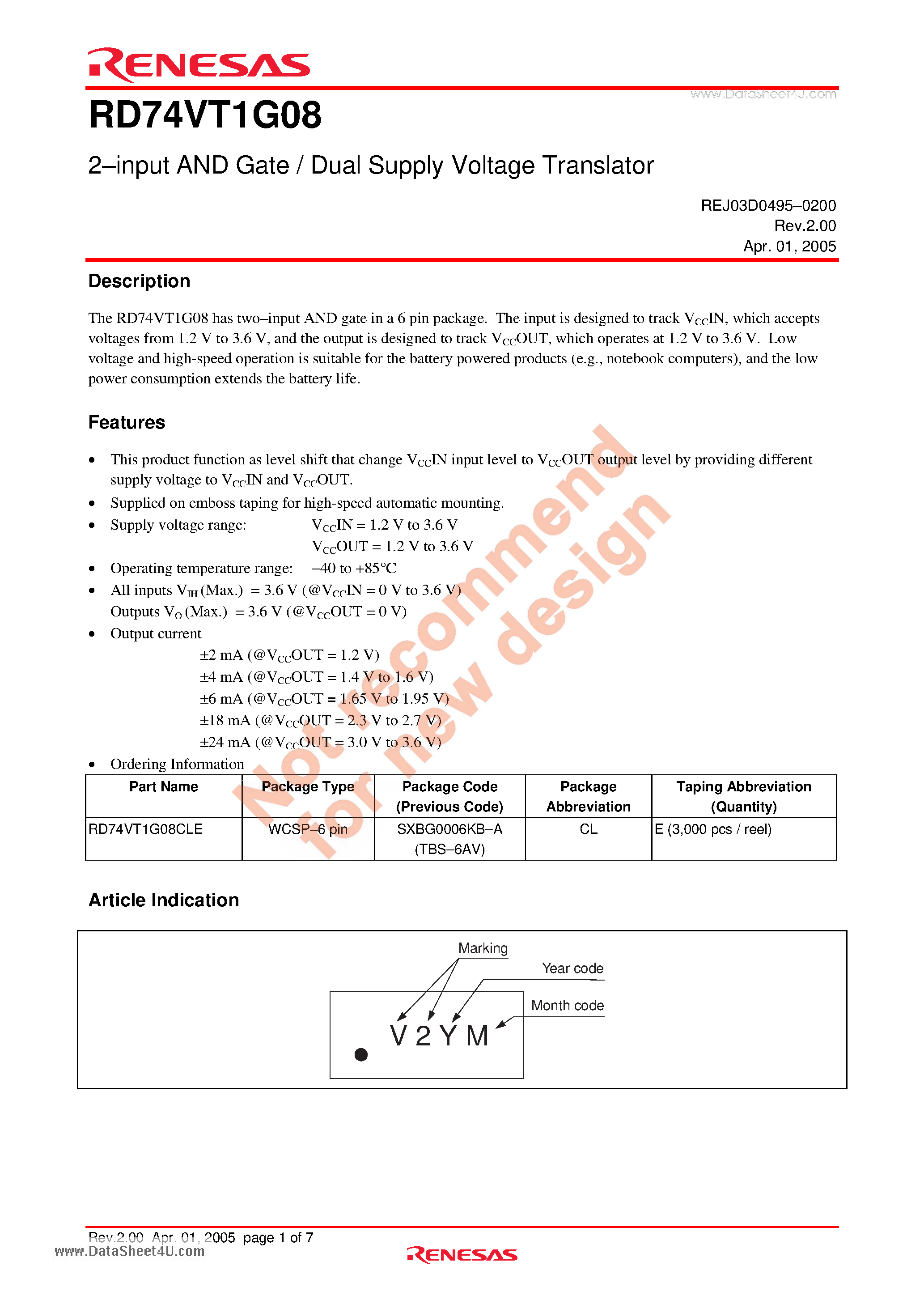Datasheet RD74VT1G08 - 2-input AND Gate / Dual Supply Voltage Translator page 1