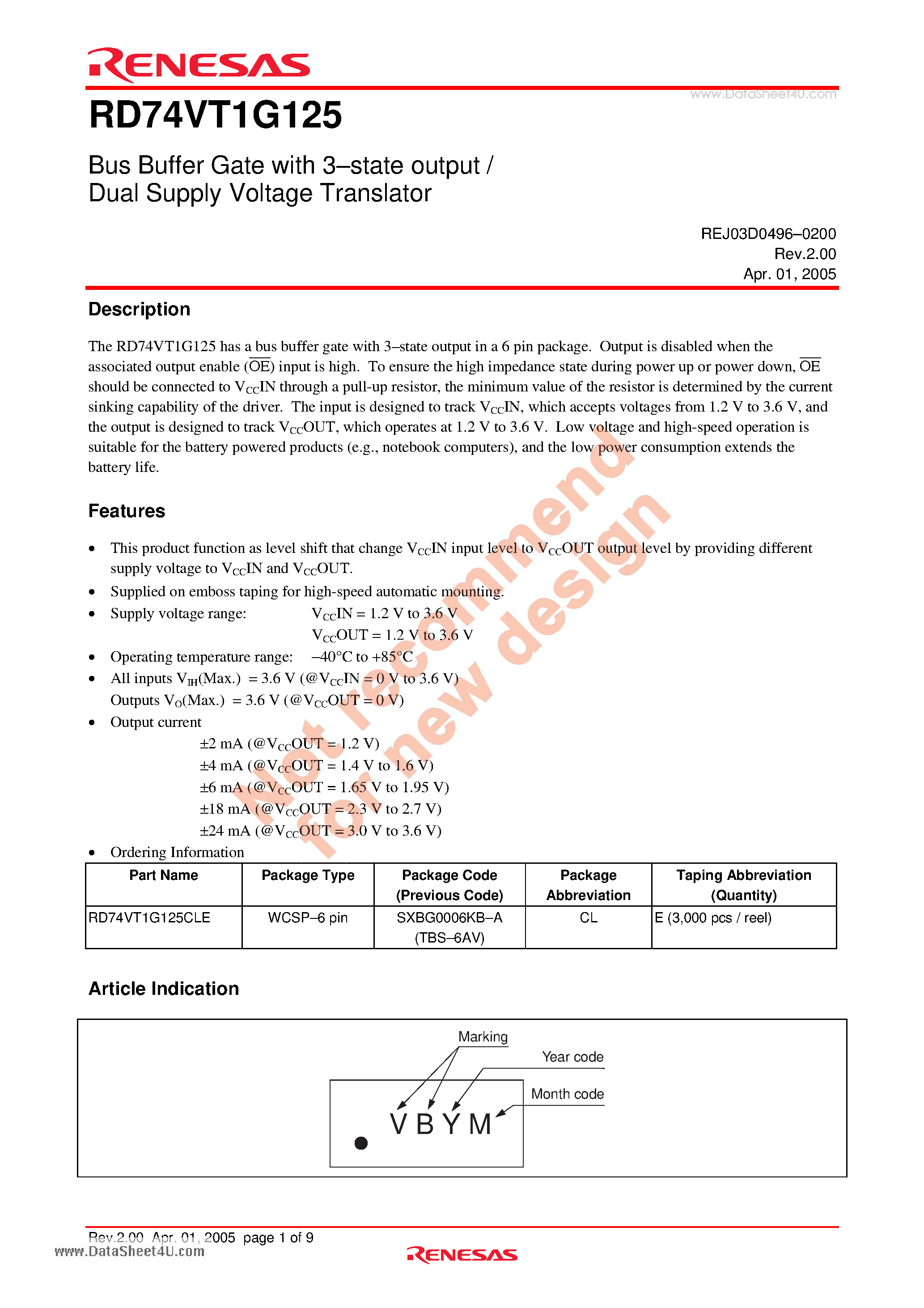 Datasheet RD74VT1G125 - Bus Buffer Gate with 3-state output / Dual Supply Voltage Translator page 1