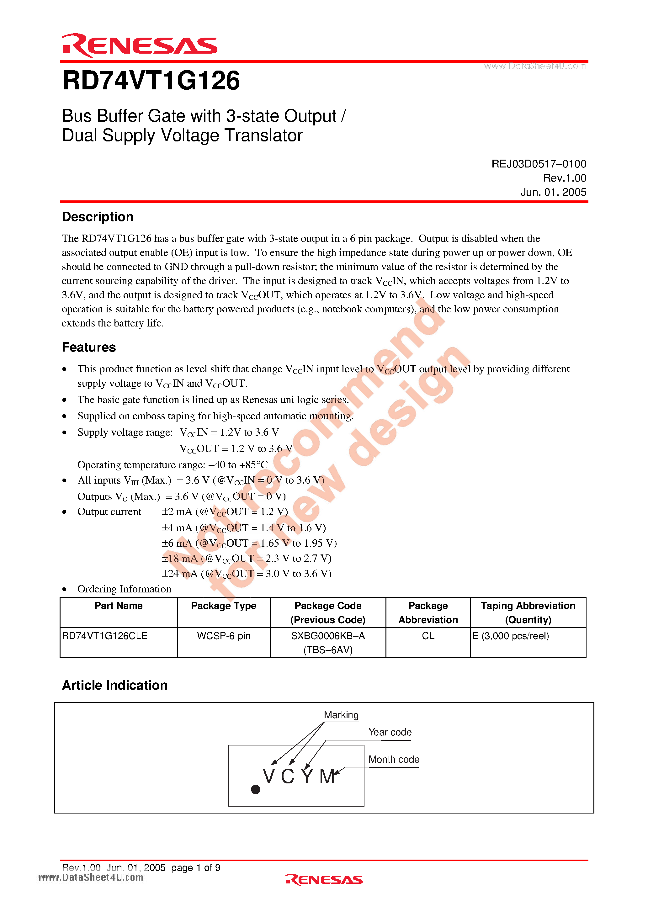 Datasheet RD74VT1G126 - Bus Buffer Gate with 3-state output / Dual Supply Voltage Translator page 1