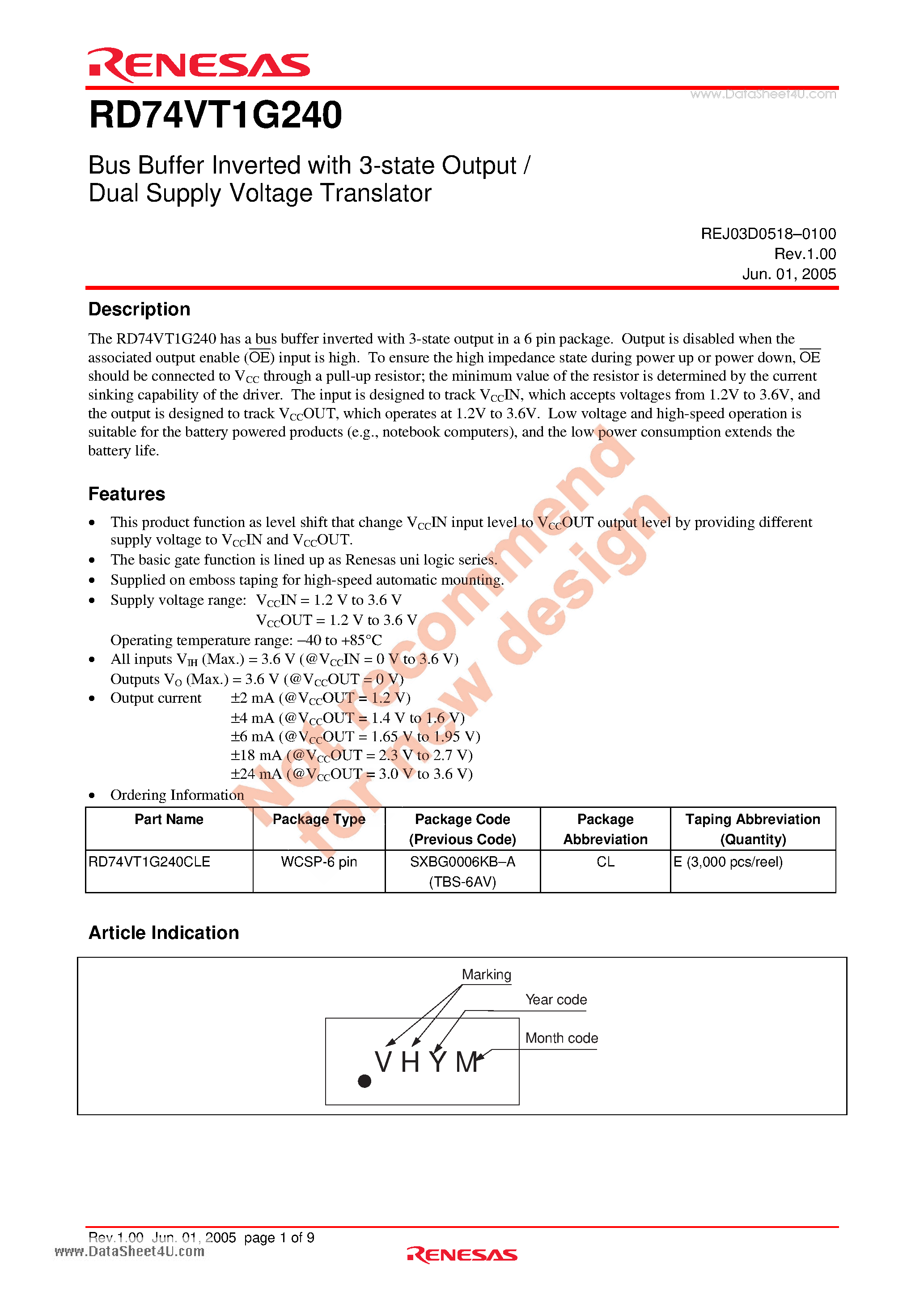 Datasheet RD74VT1G240 - Bus Buffer Inverted with 3-state output / Dual Supply Voltage Translator page 1