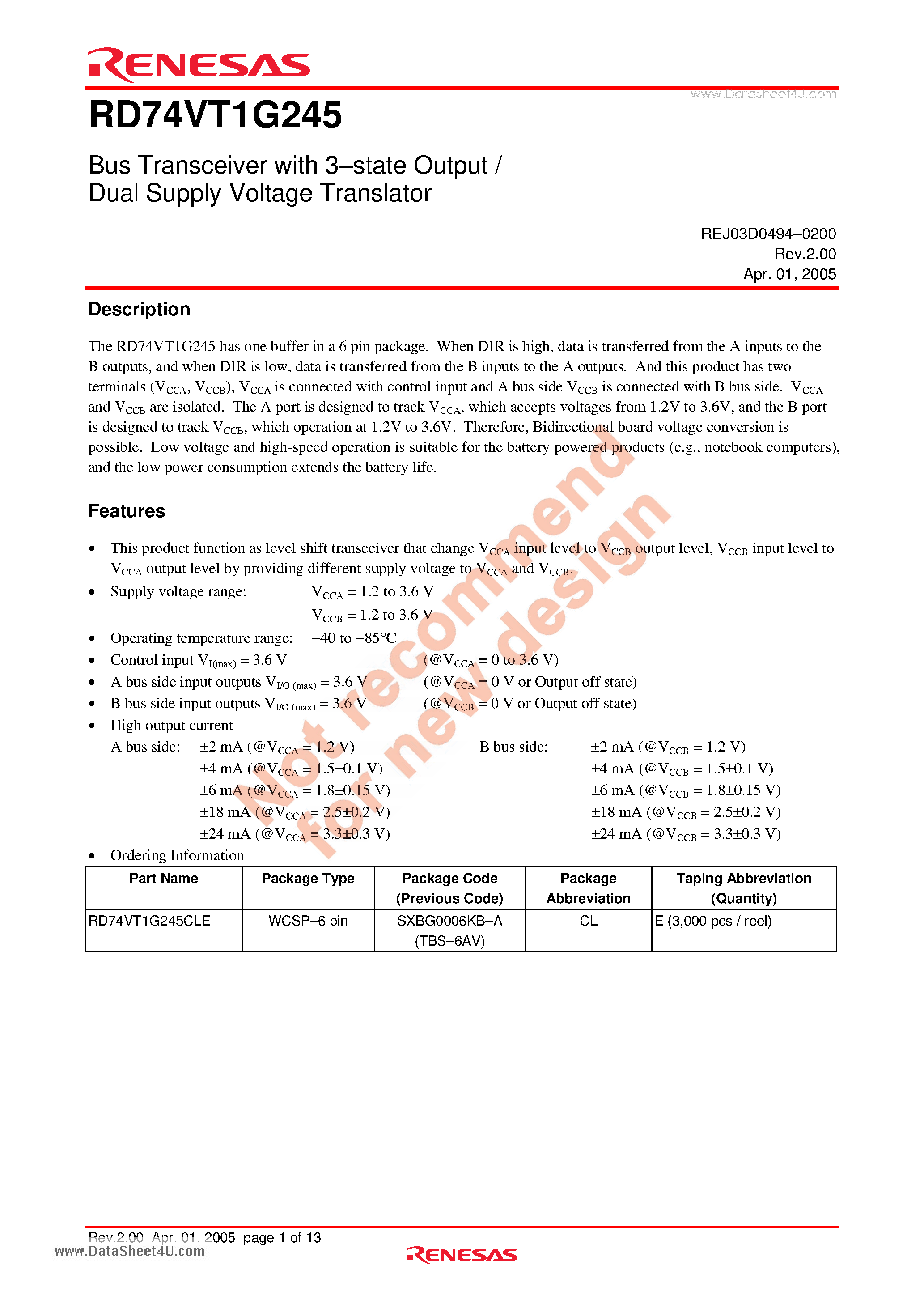 Datasheet RD74VT1G245 - Bus Transceiver with 3-state output / Dual Supply Voltage Translator page 1