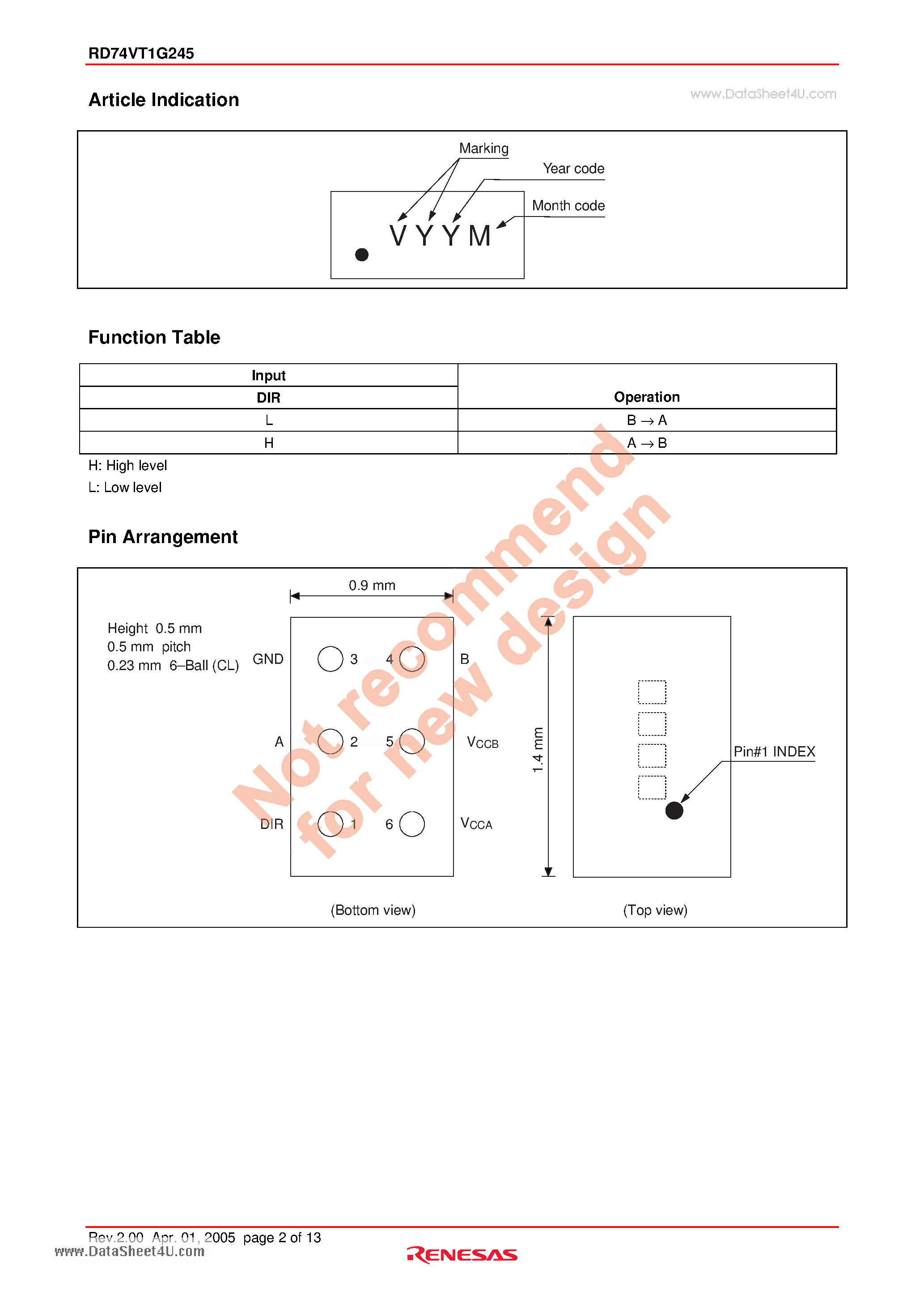 Datasheet RD74VT1G245 - Bus Transceiver with 3-state output / Dual Supply Voltage Translator page 2