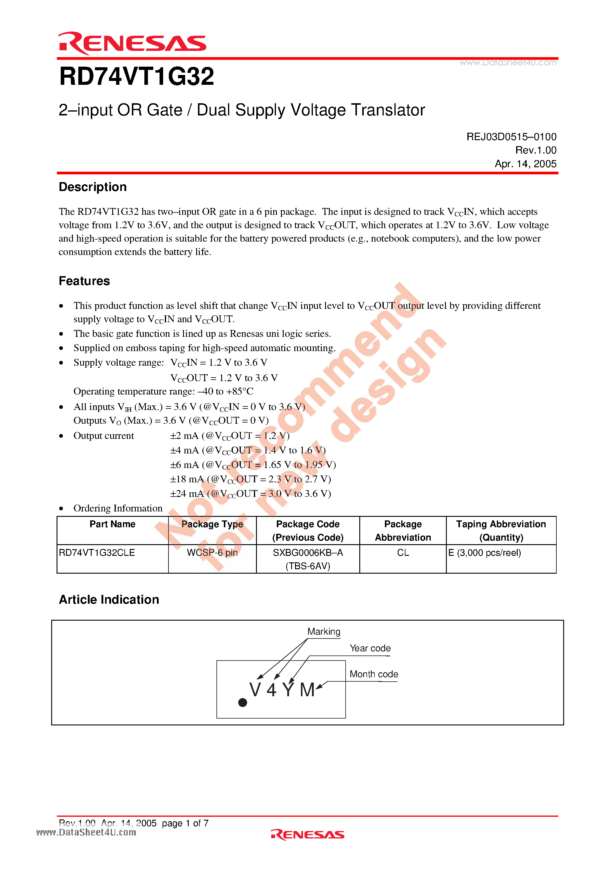 Datasheet RD74VT1G32 page 1 Datasheet RD74VT1G32 - 2-input OR Gate / Dual Supply Voltage Translator page 1
