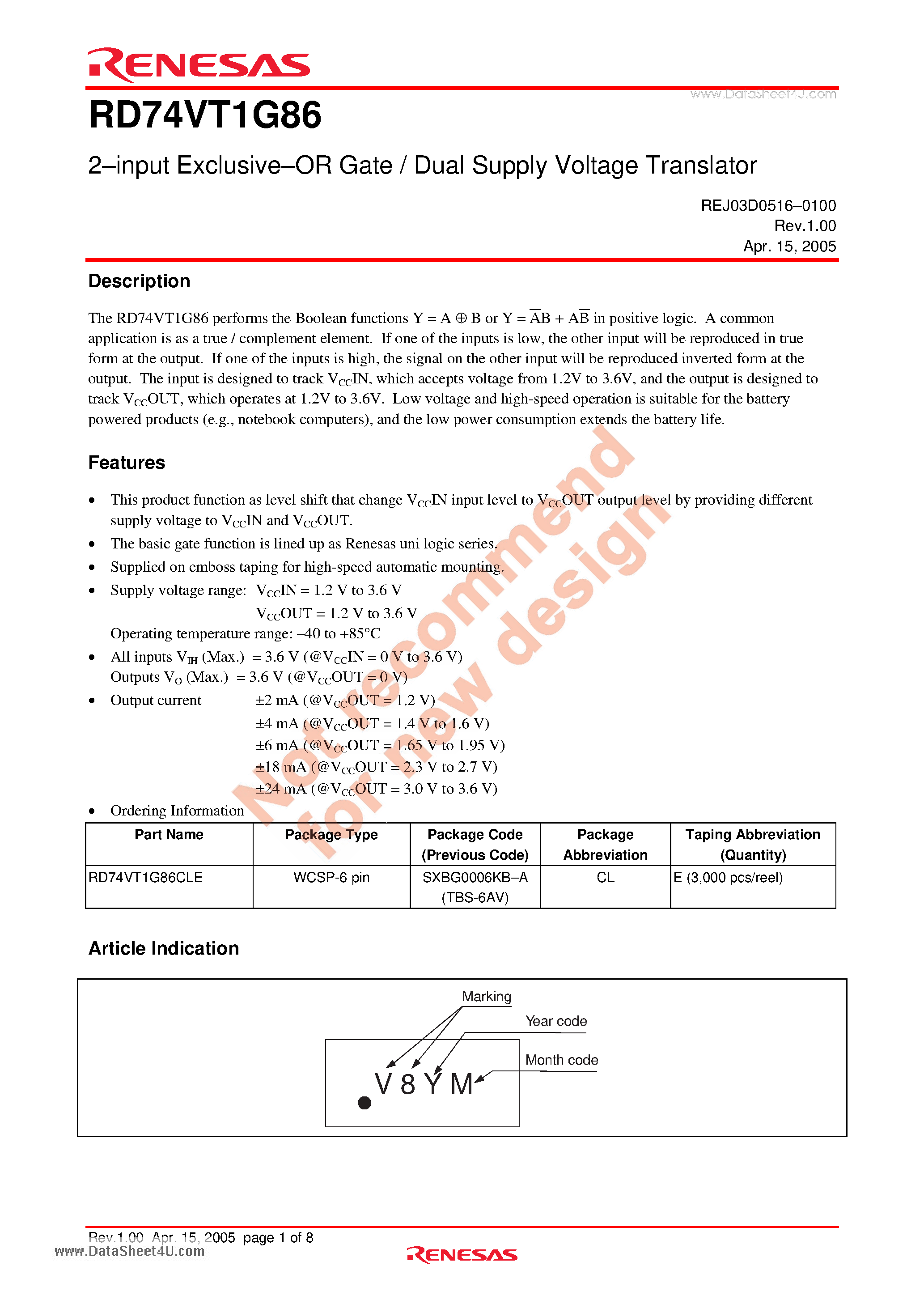 Datasheet RD74VT1G86 - 2-input Exclusive-OR Gate / Dual Supply Voltage Translator page 1