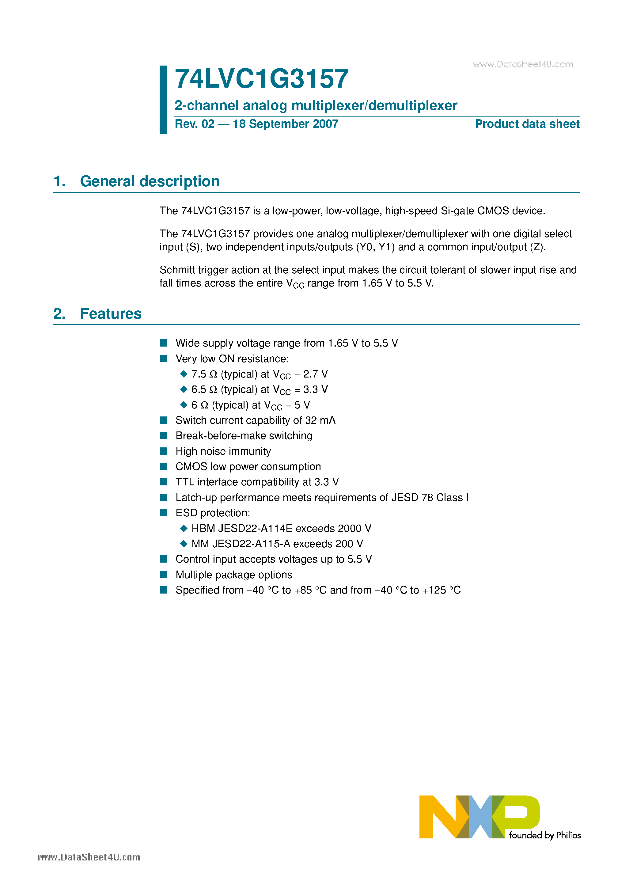 Даташит 74LVC1G3157 - 2-channel analog multiplexer/demultiplexer страница 1