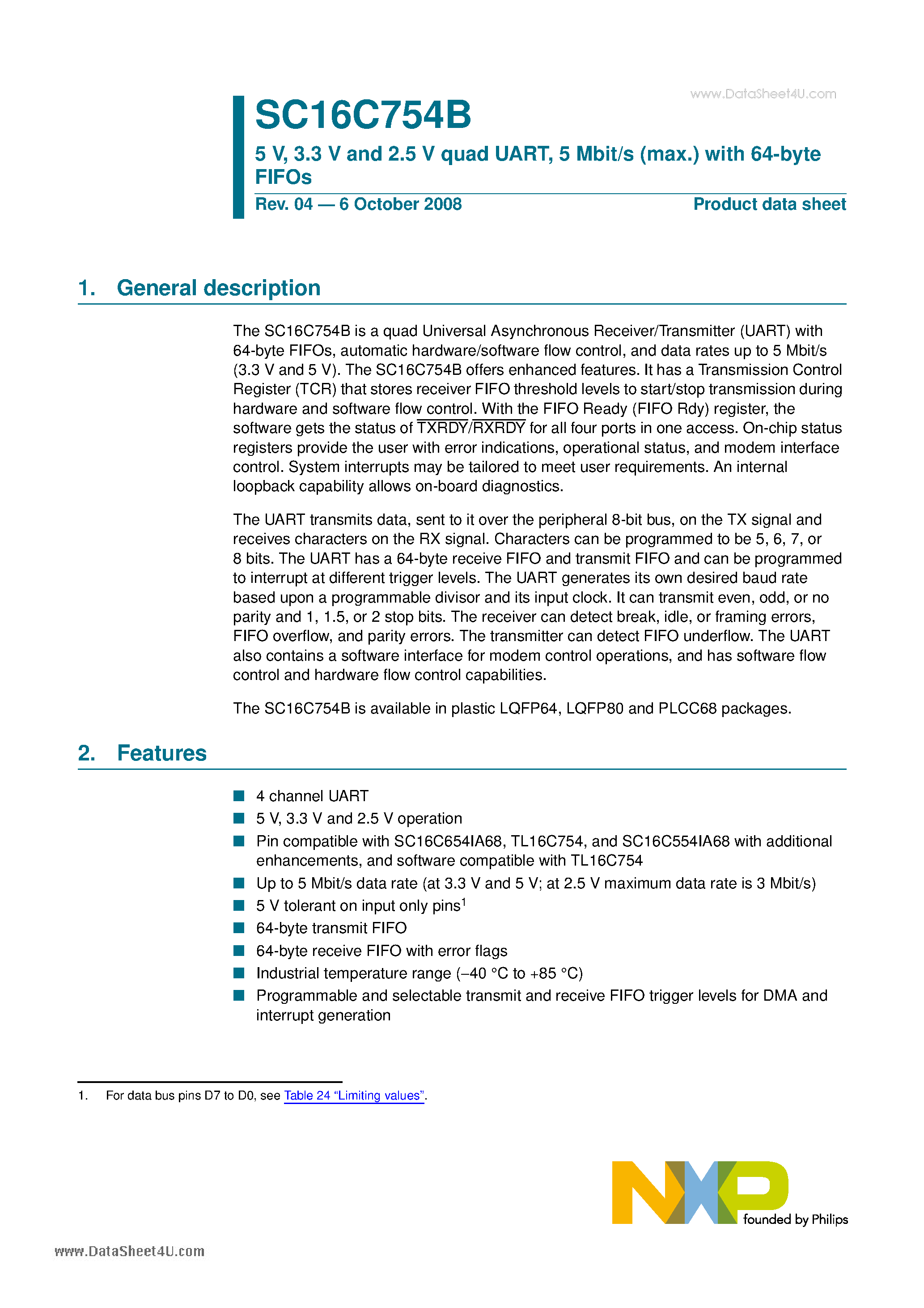 Datasheet SC16C754B - 5 V - 3.3 V and 2.5 V quad UART - 5 Mbit/s (max.) page 1