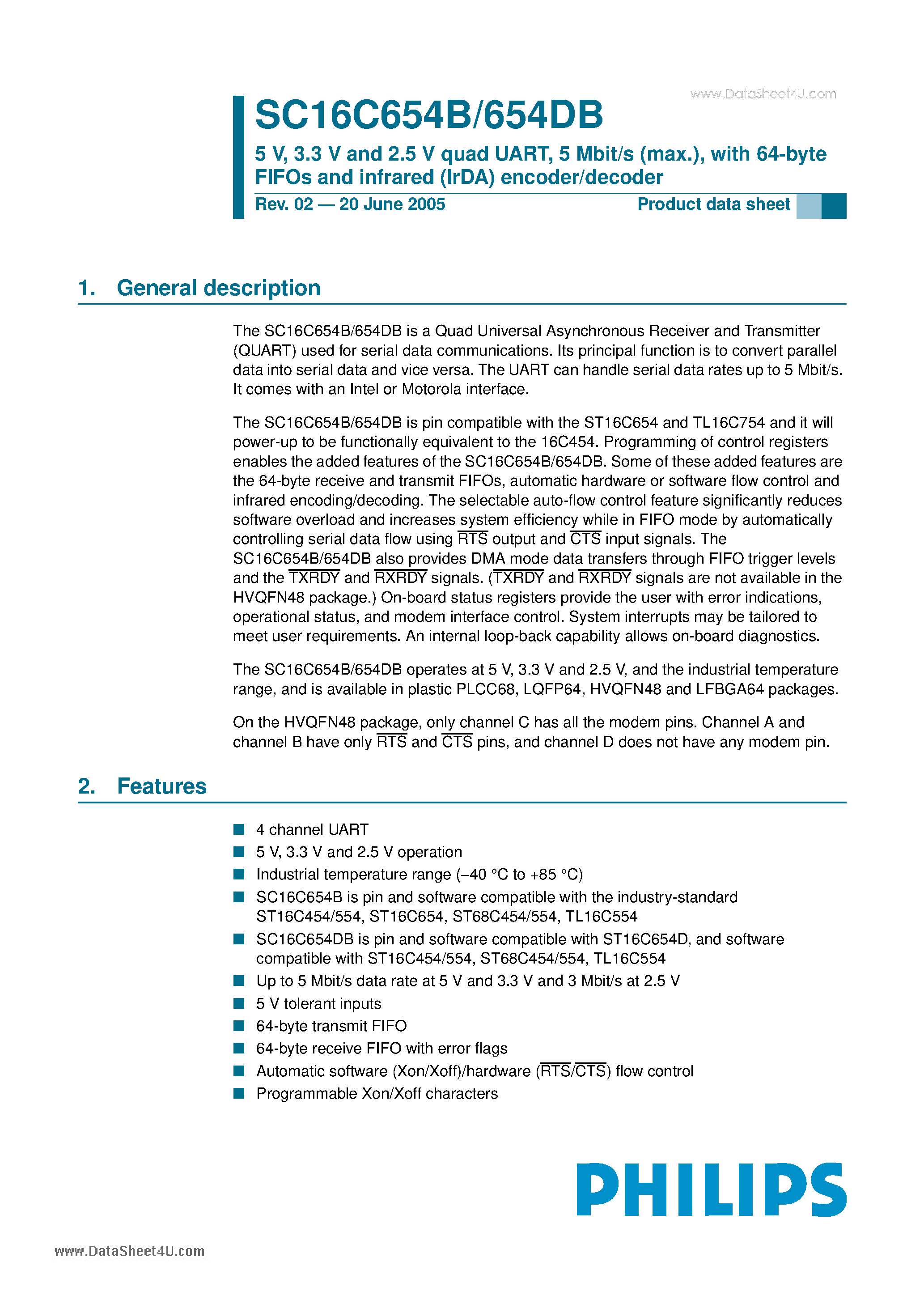 Datasheet SC16C654B - 5 V - 3.3 V and 2.5 V quad UART - 5 Mbit/s (max.) page 1